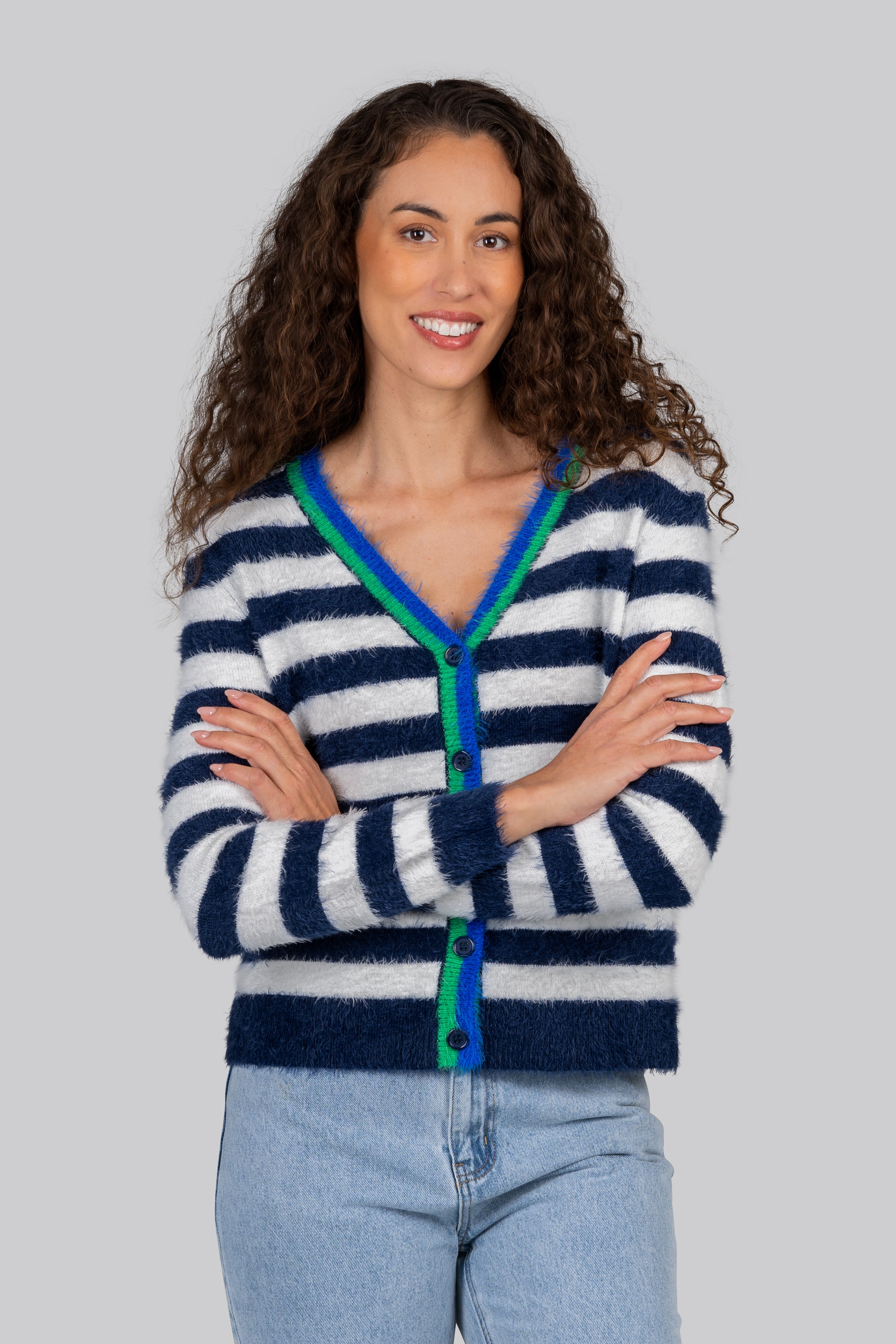 Kaleido Stripe V-Neck Cardigan - Navy/White Stripe