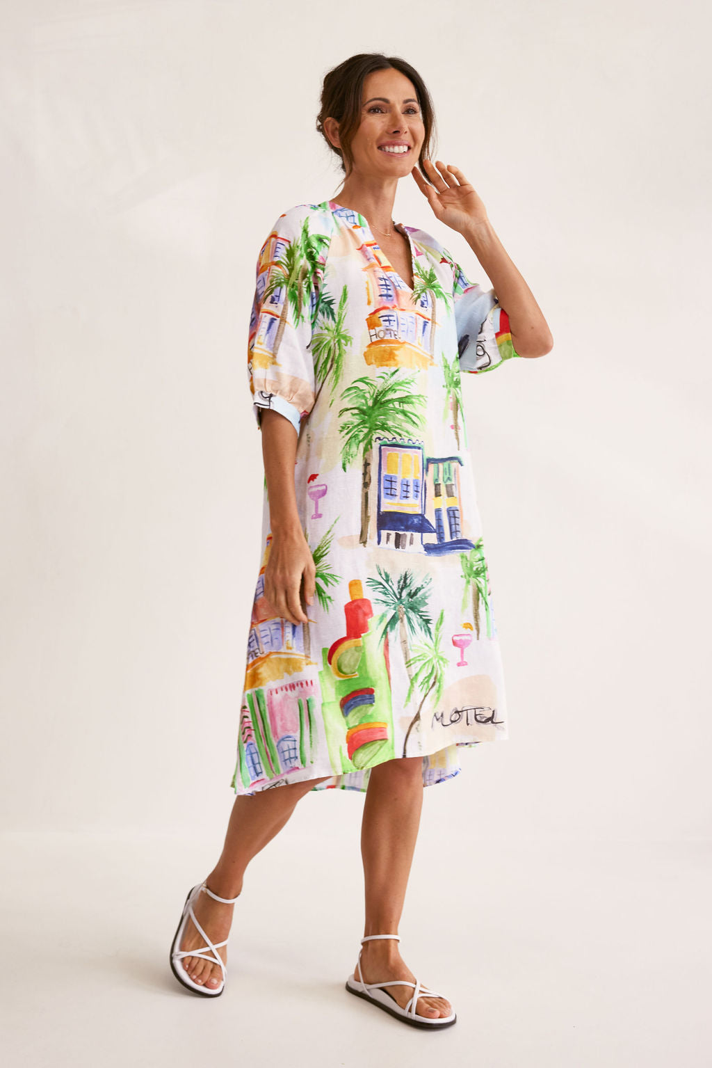 Wear Colour Gathered Neck A-Line Dress - Motel Print