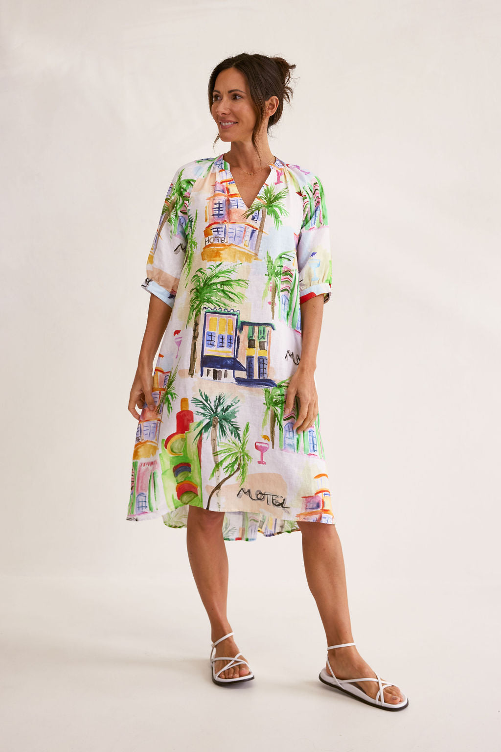 Wear Colour Gathered Neck A-Line Dress - Motel Print