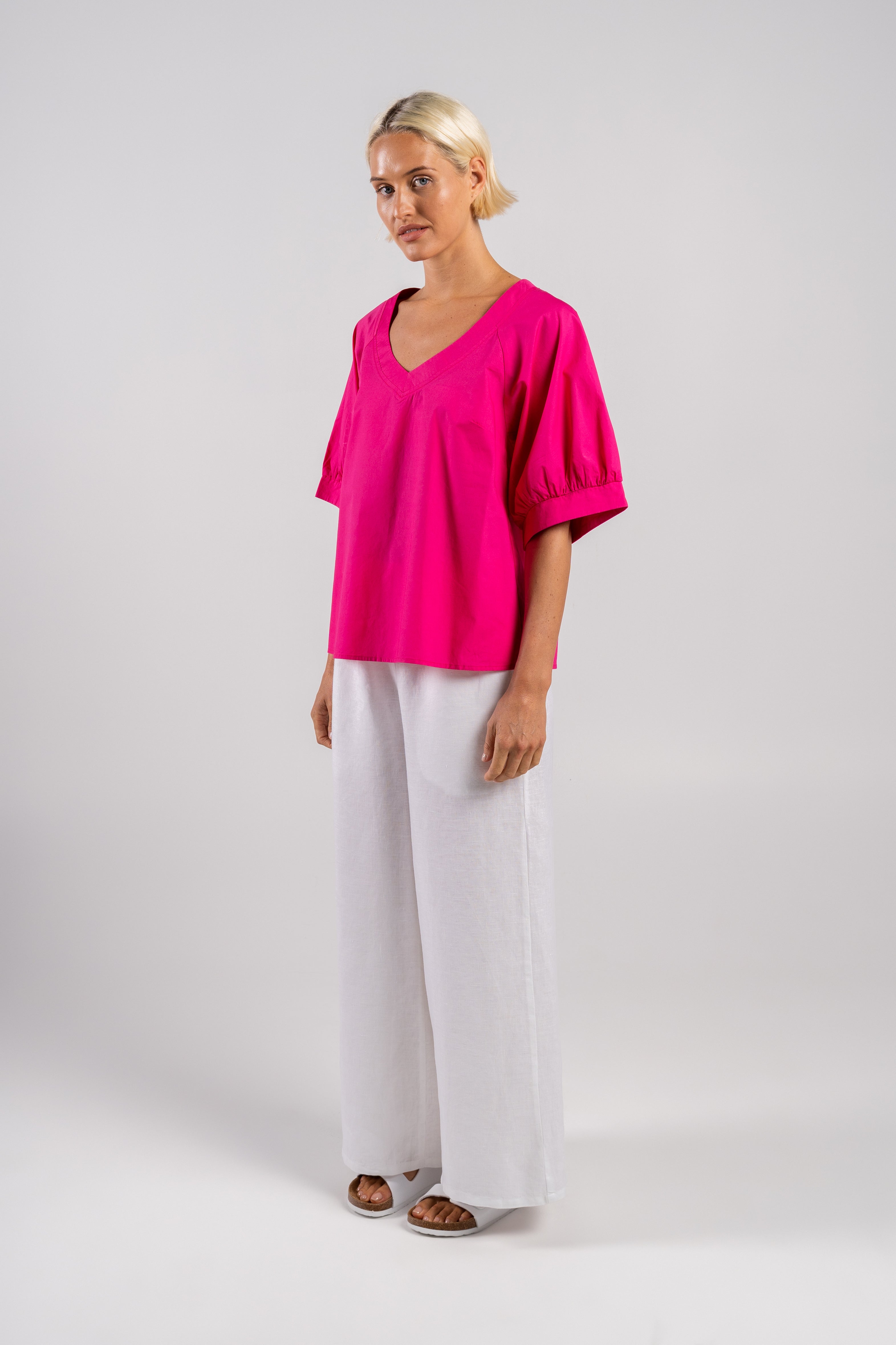 Wear Colour Half Sleeve Deep V Top - Pink