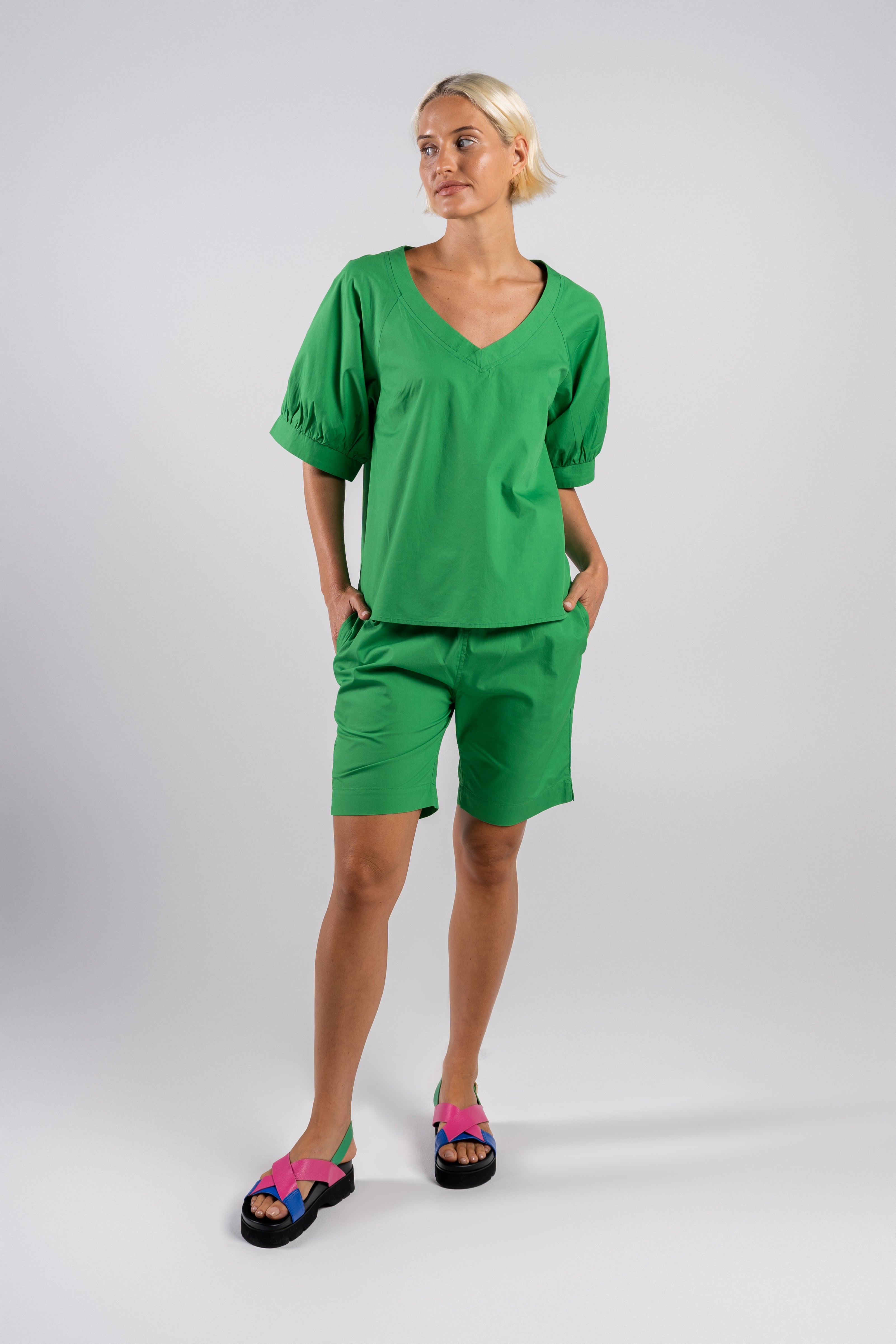Wear Colour Half Sleeve Deep V Top - Green