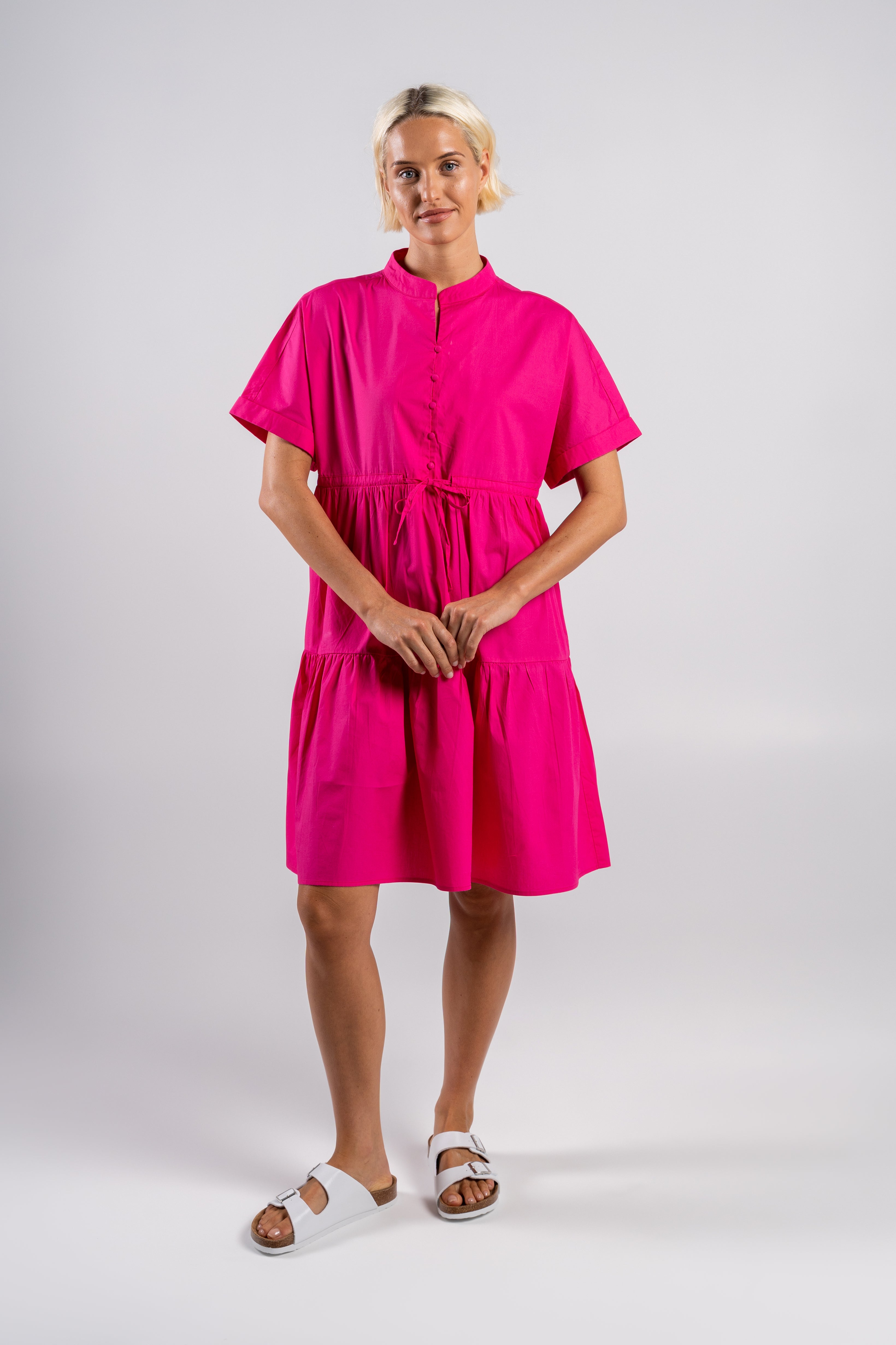Wear Colour Short Sleeve Tiered Dress - Pink