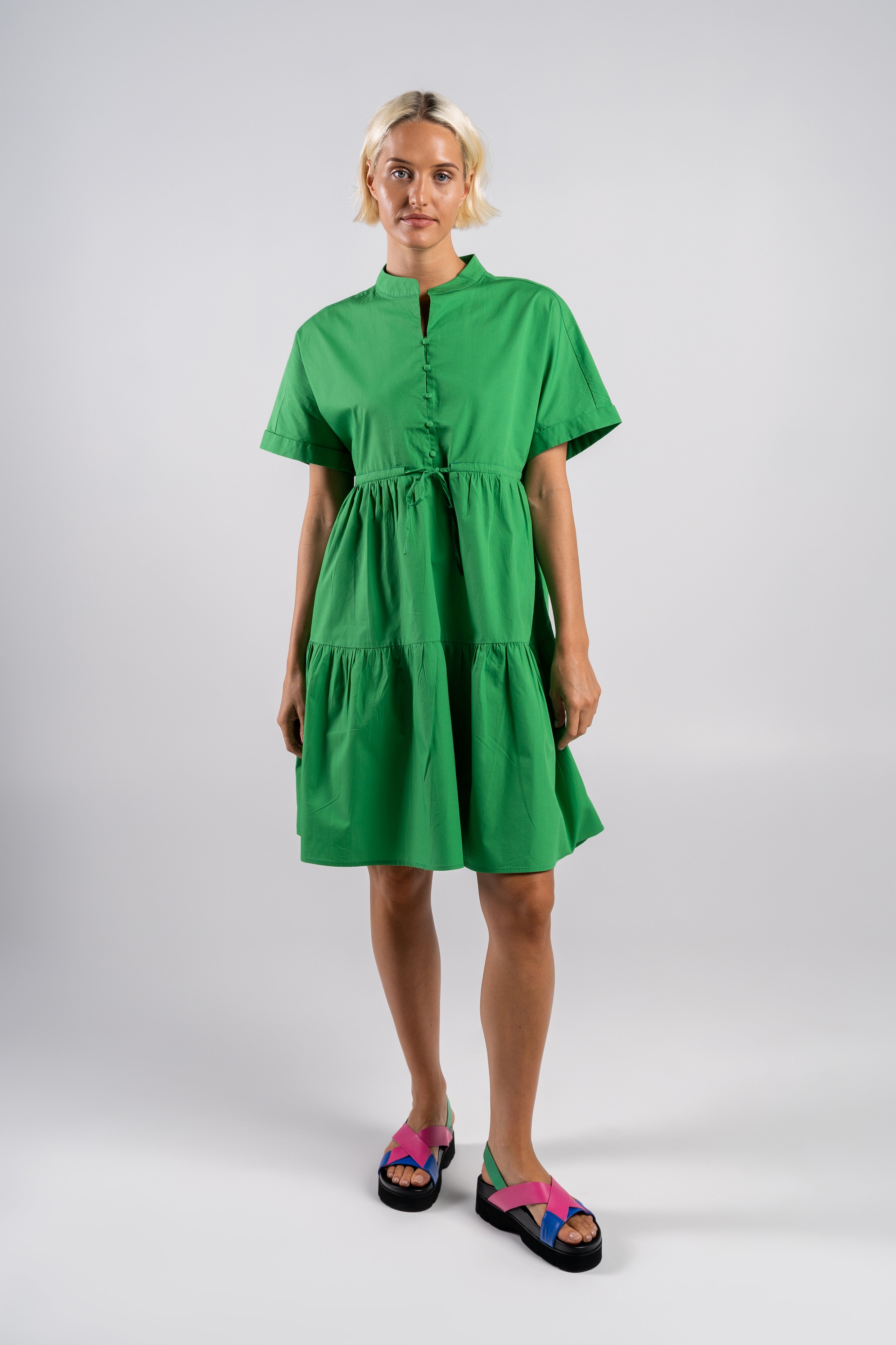 Wear Colour Short Sleeve Tiered Dress - Green