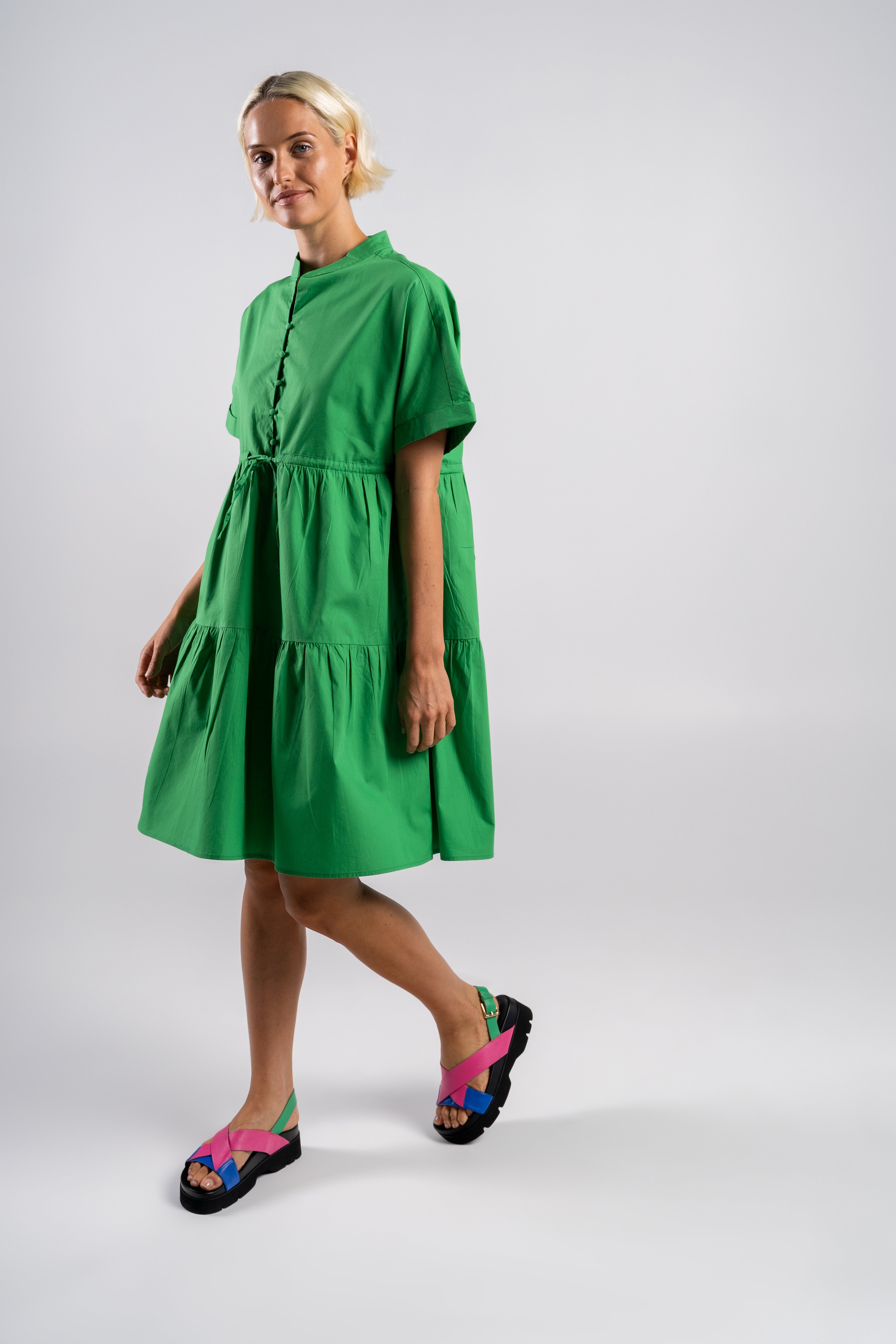 Wear Colour Short Sleeve Tiered Dress - Green