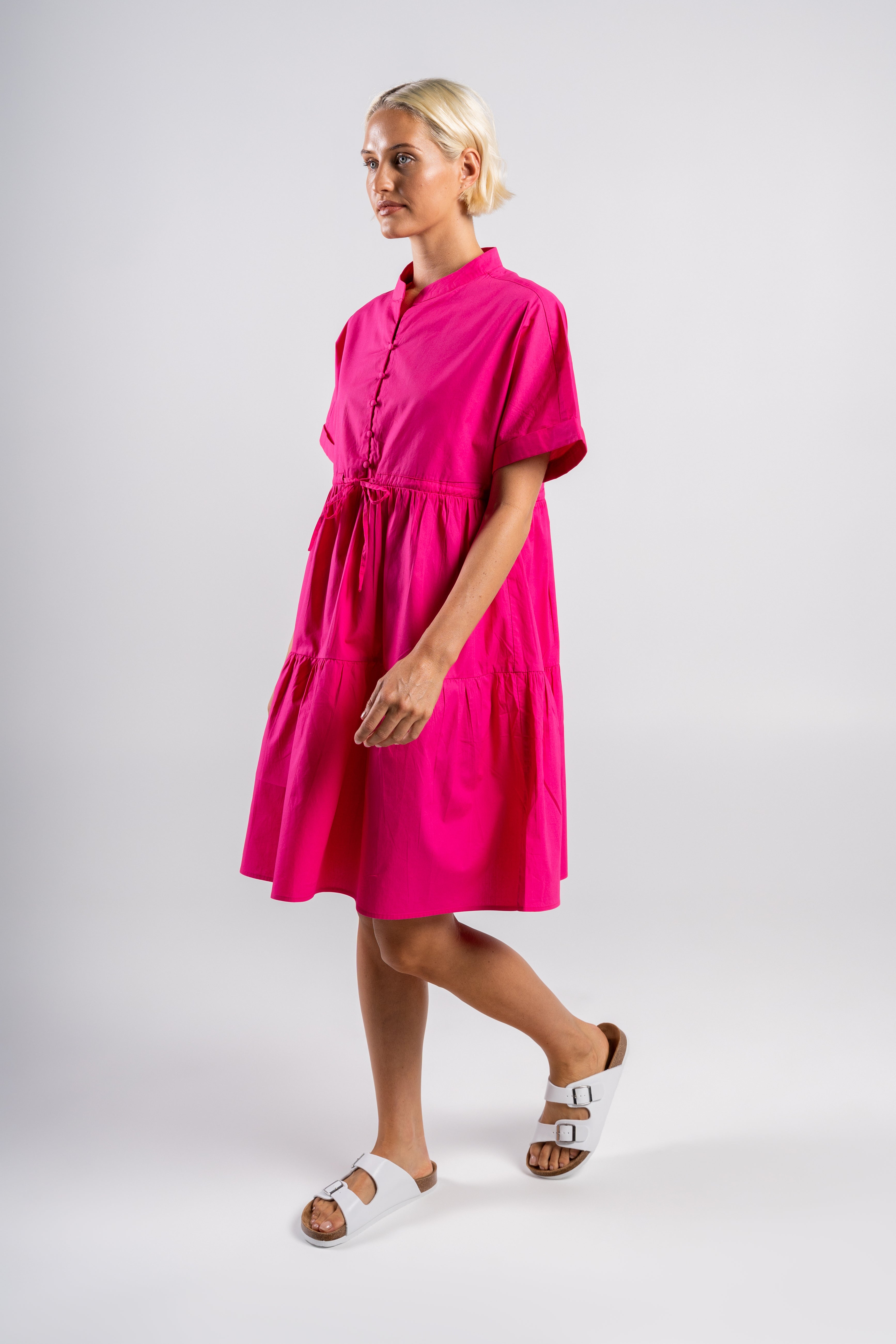 Wear Colour Short Sleeve Tiered Dress - Pink