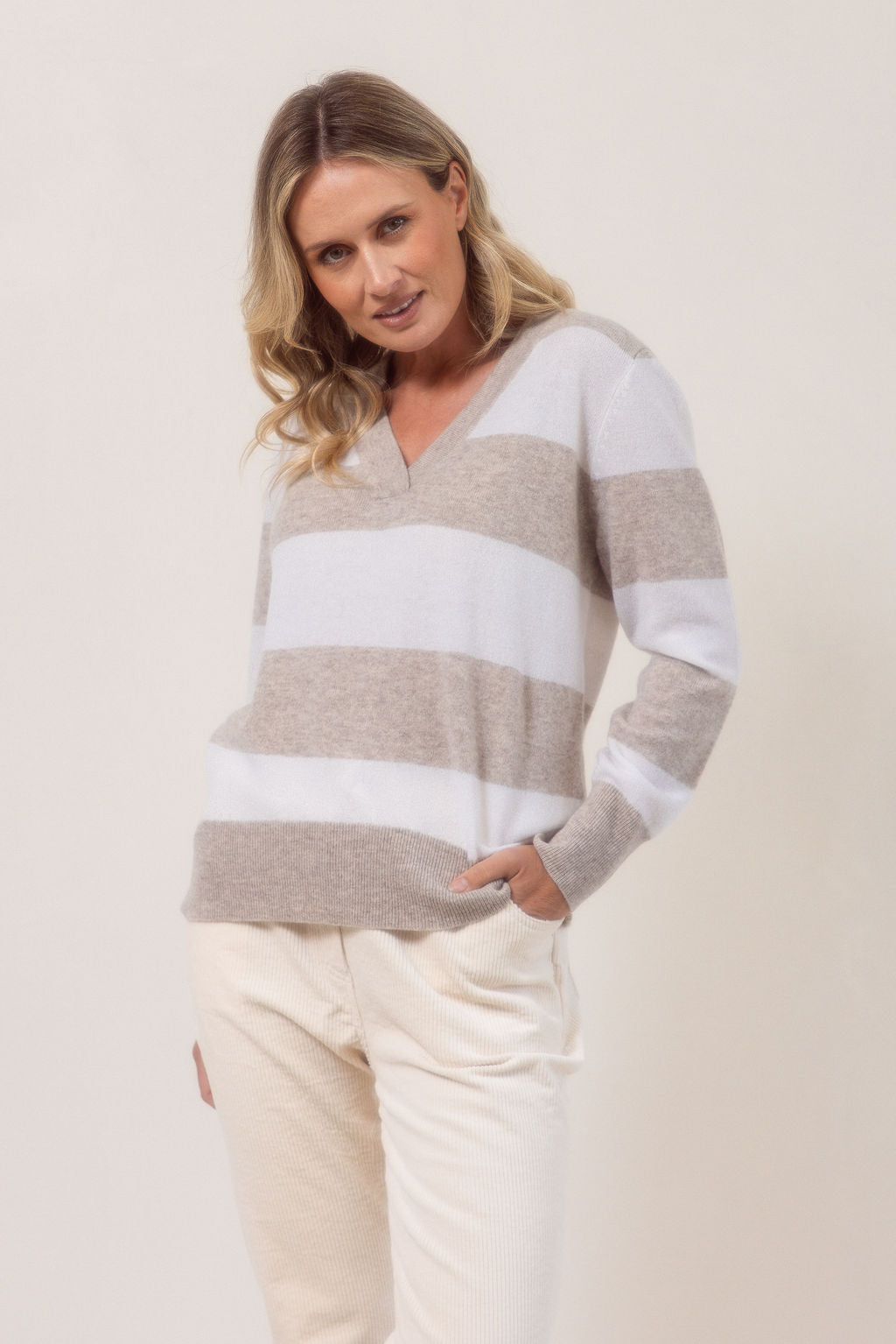 See Saw V-Neck Block Stripe Sweater - Wheat/White