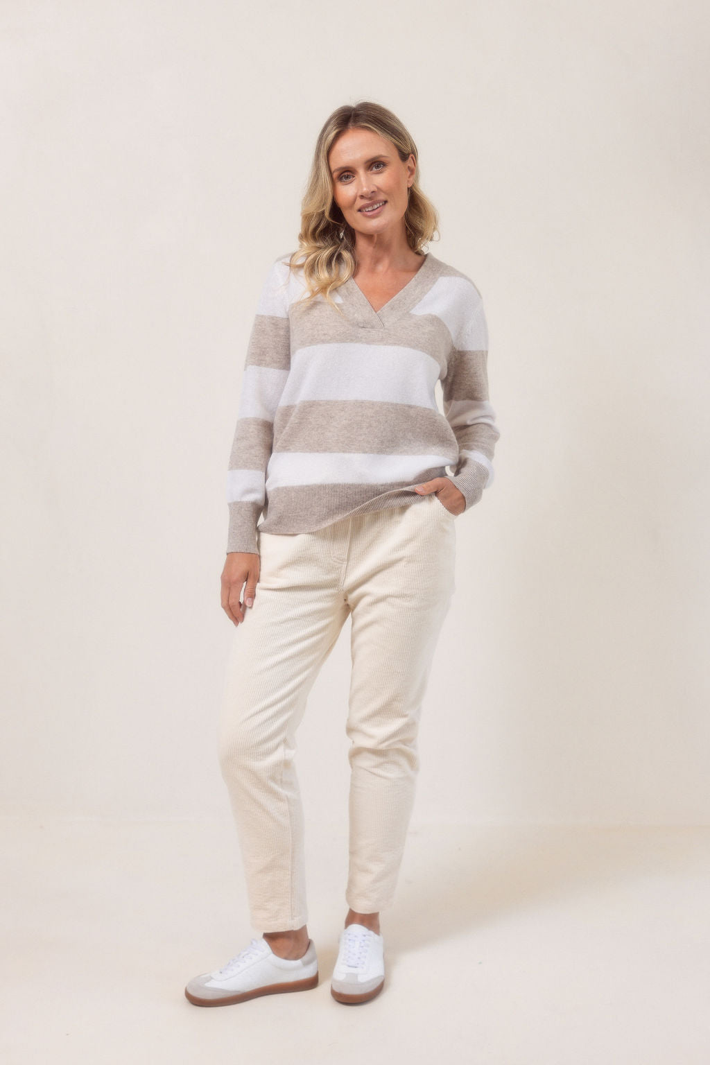 See Saw V-Neck Block Stripe Sweater - Wheat/White