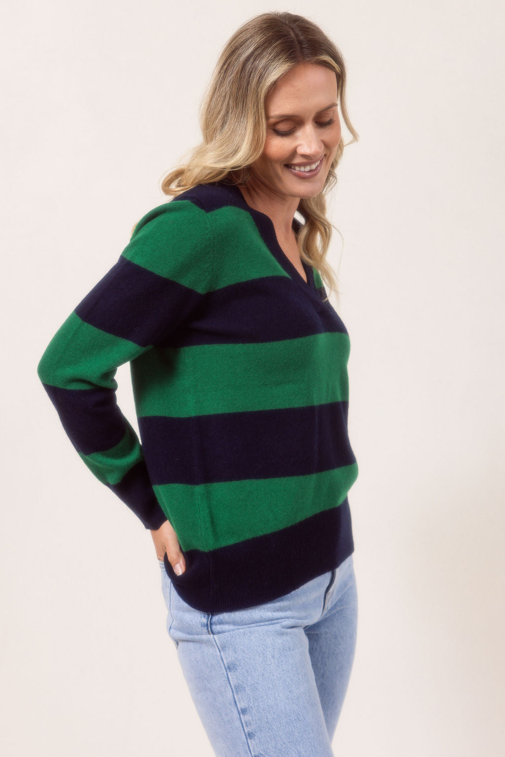 See Saw V Neck Block Stripe Sweater - Navy/Green