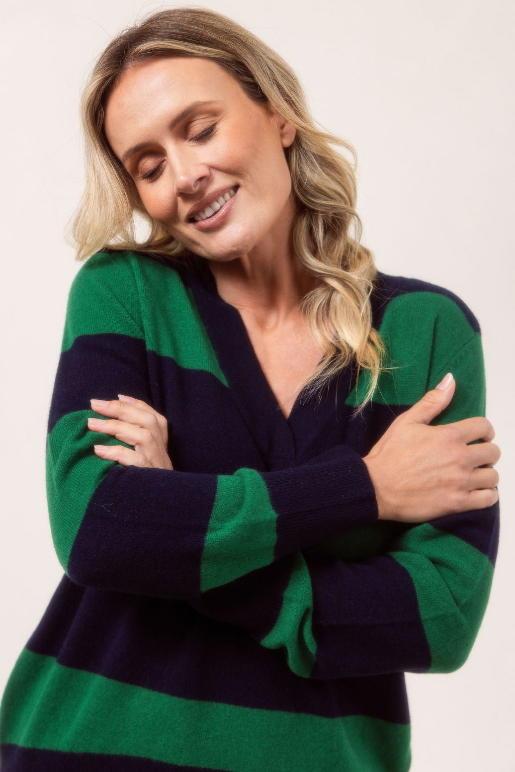 See Saw V Neck Block Stripe Sweater - Navy/Green