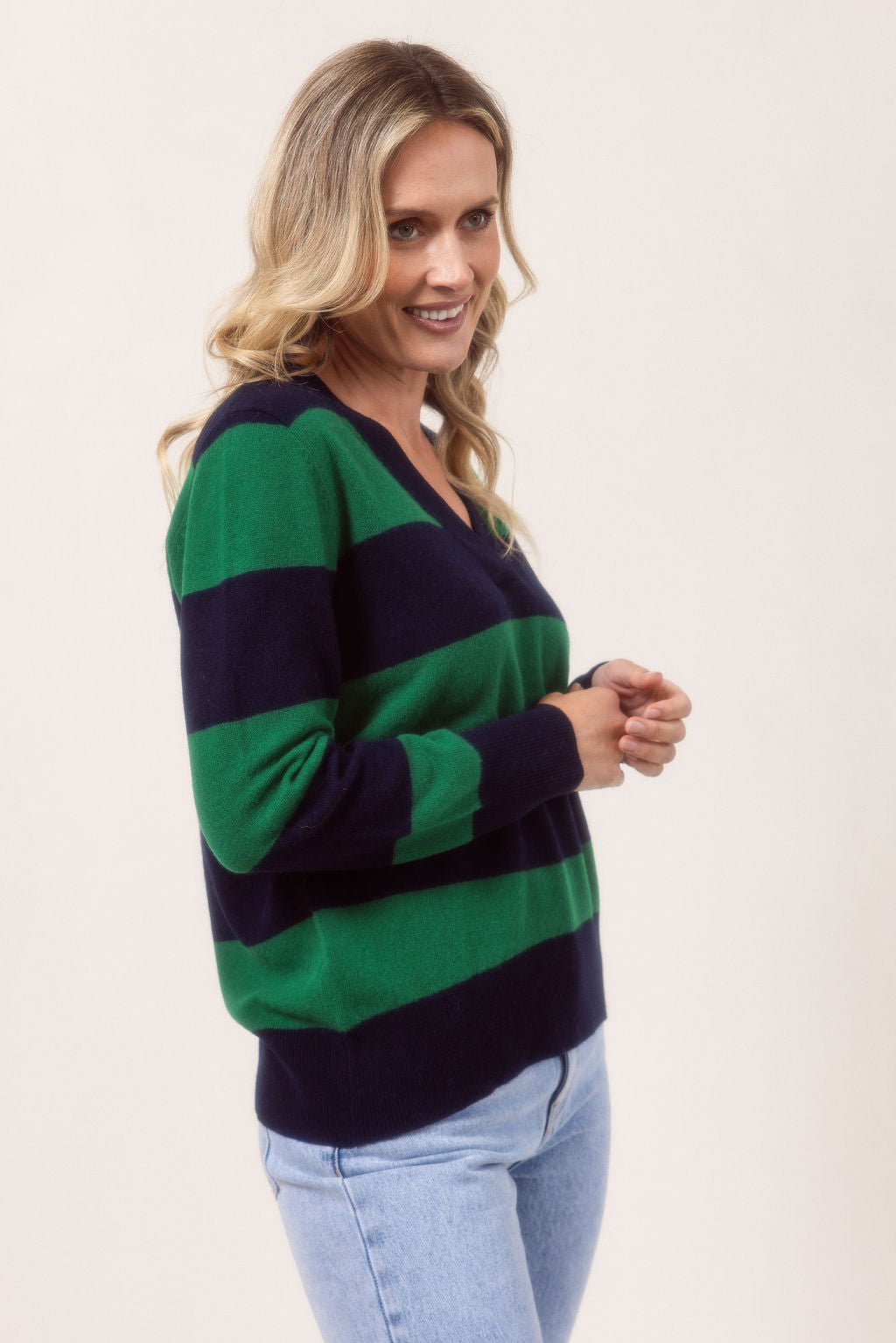 See Saw V Neck Block Stripe Sweater - Navy/Green