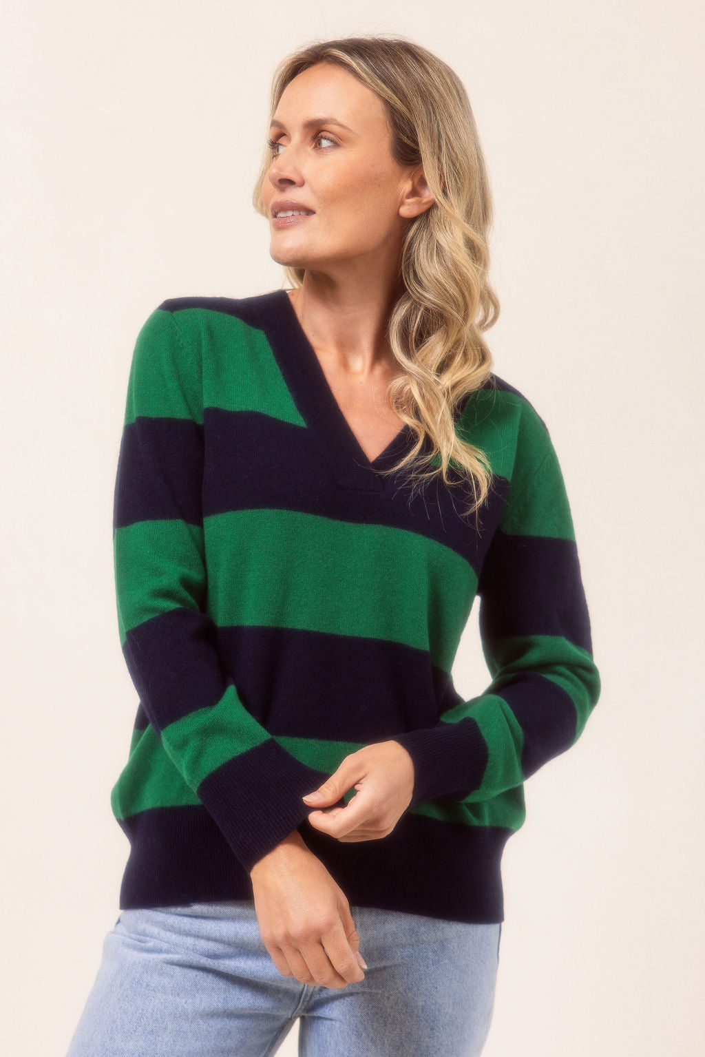See Saw V Neck Block Stripe Sweater - Navy/Green