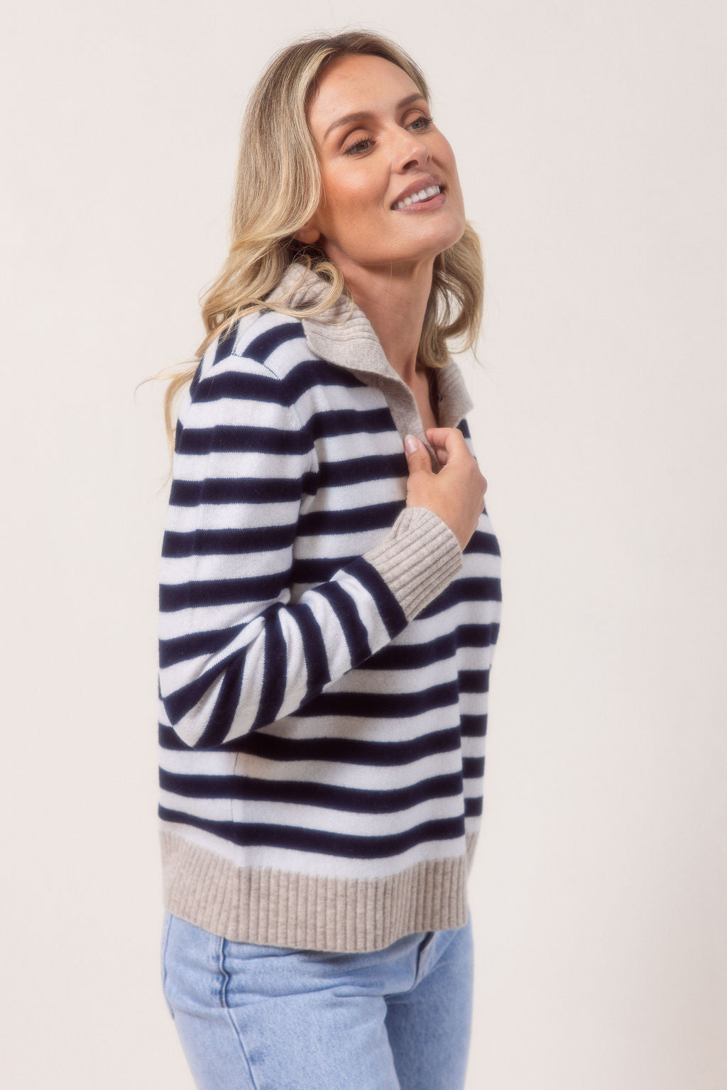 See Saw Rib Collared Stripe Sweater - Navy/White