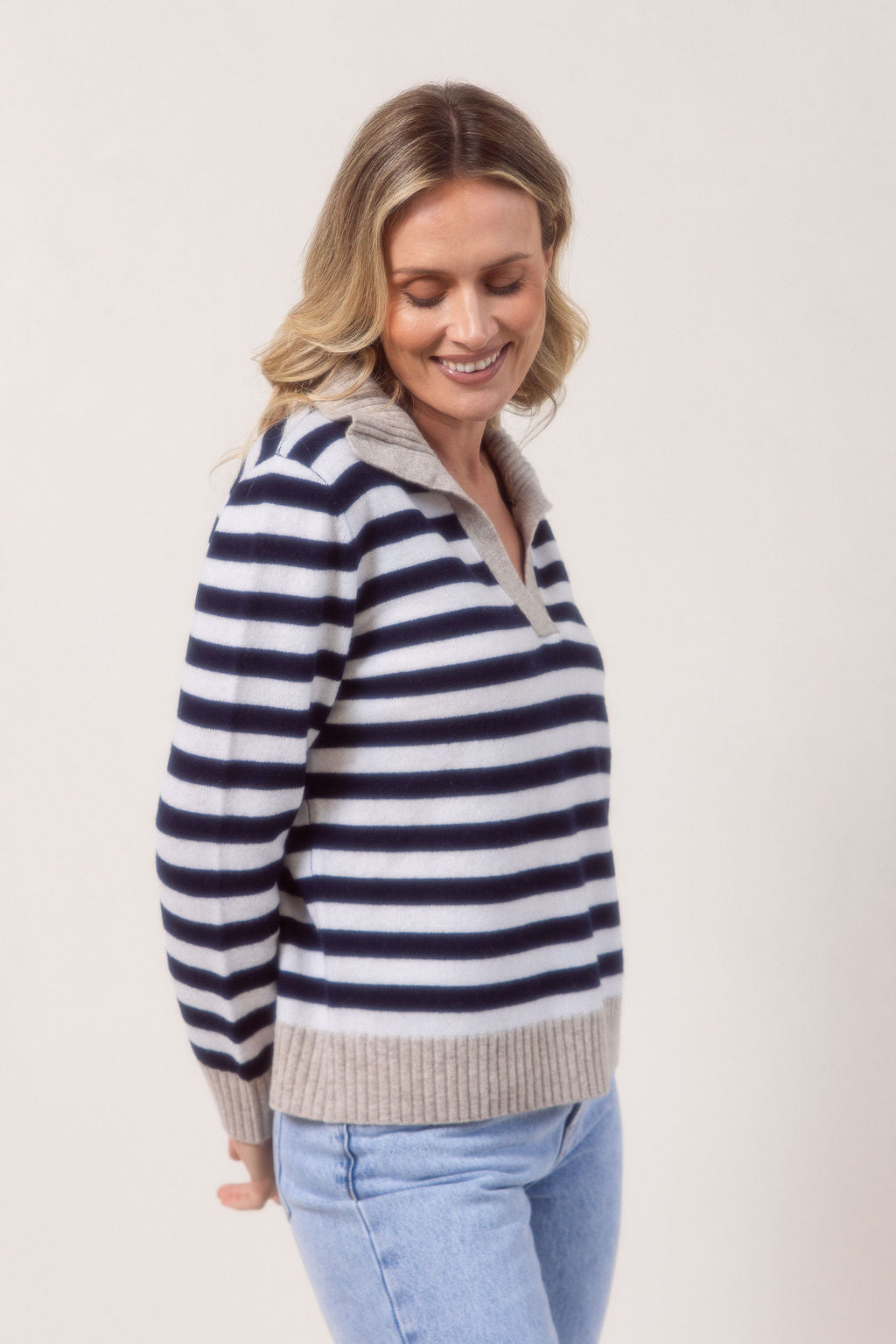 See Saw Rib Collared Stripe Sweater - Navy/White