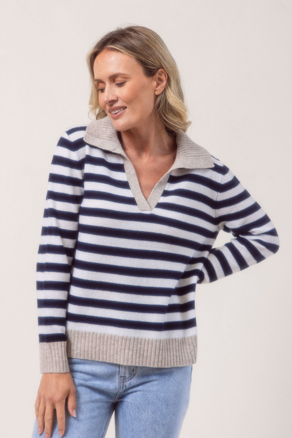 See Saw Rib Collared Stripe Sweater - Navy/White