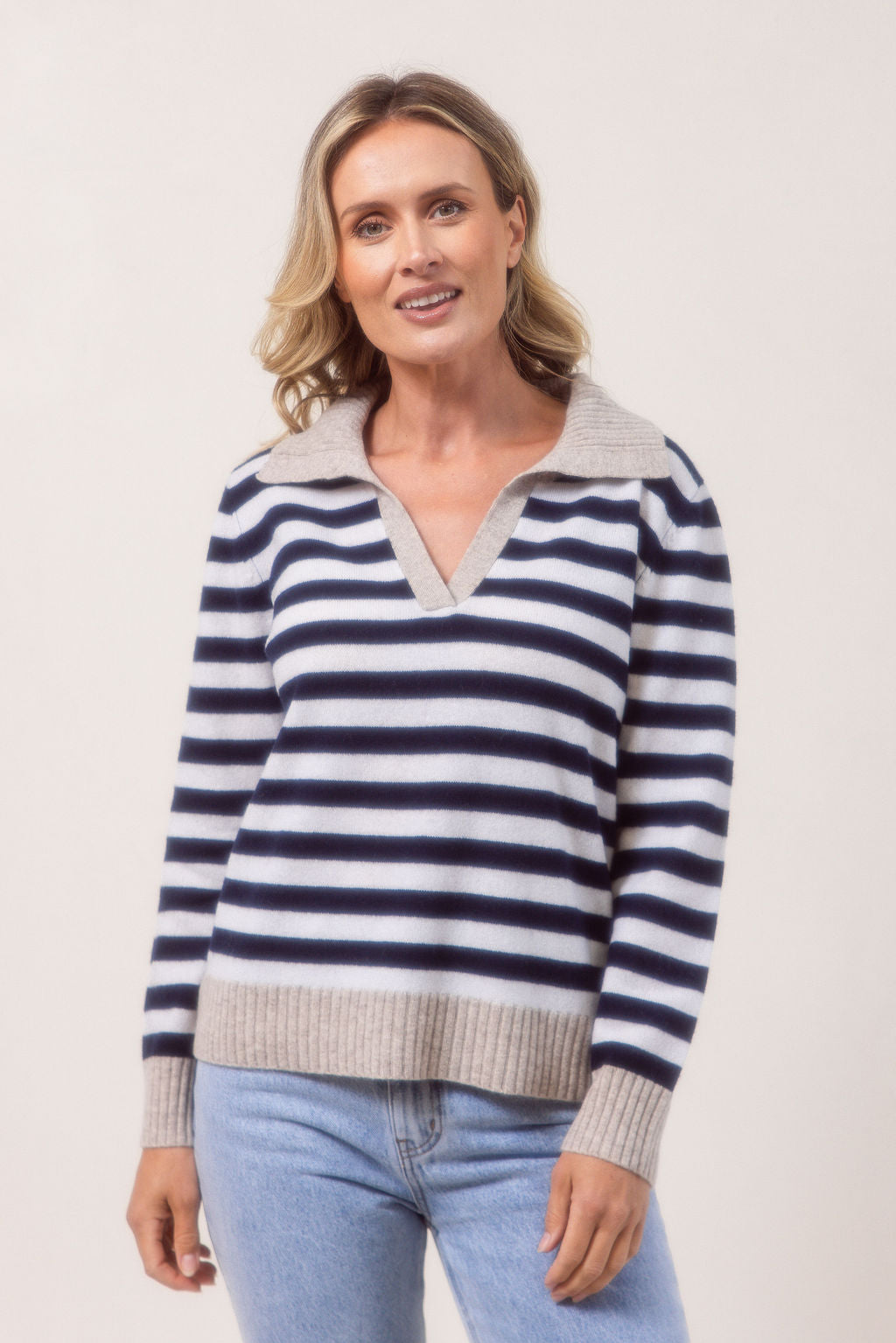 See Saw Rib Collared Stripe Sweater - Navy/White