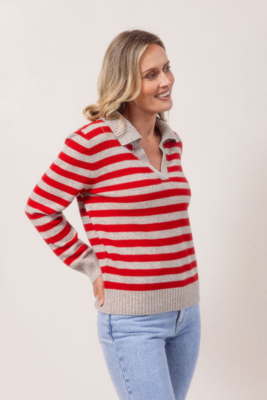 See Saw Rib Collared Stripe Sweater - Wheat/Red
