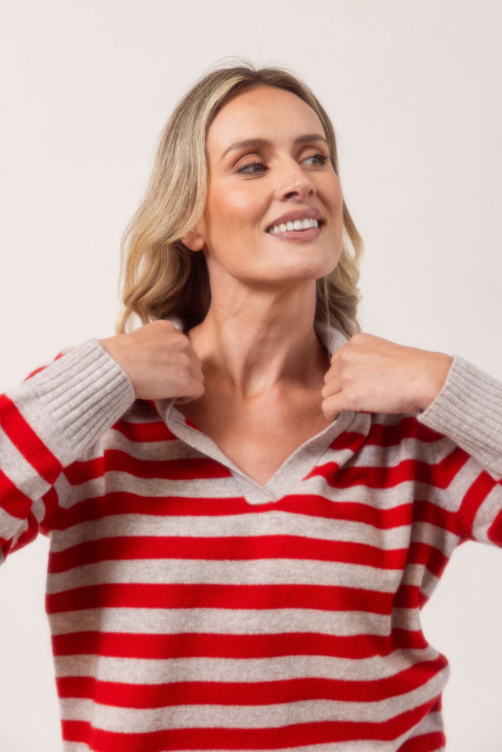 See Saw Rib Collared Stripe Sweater - Wheat/Red