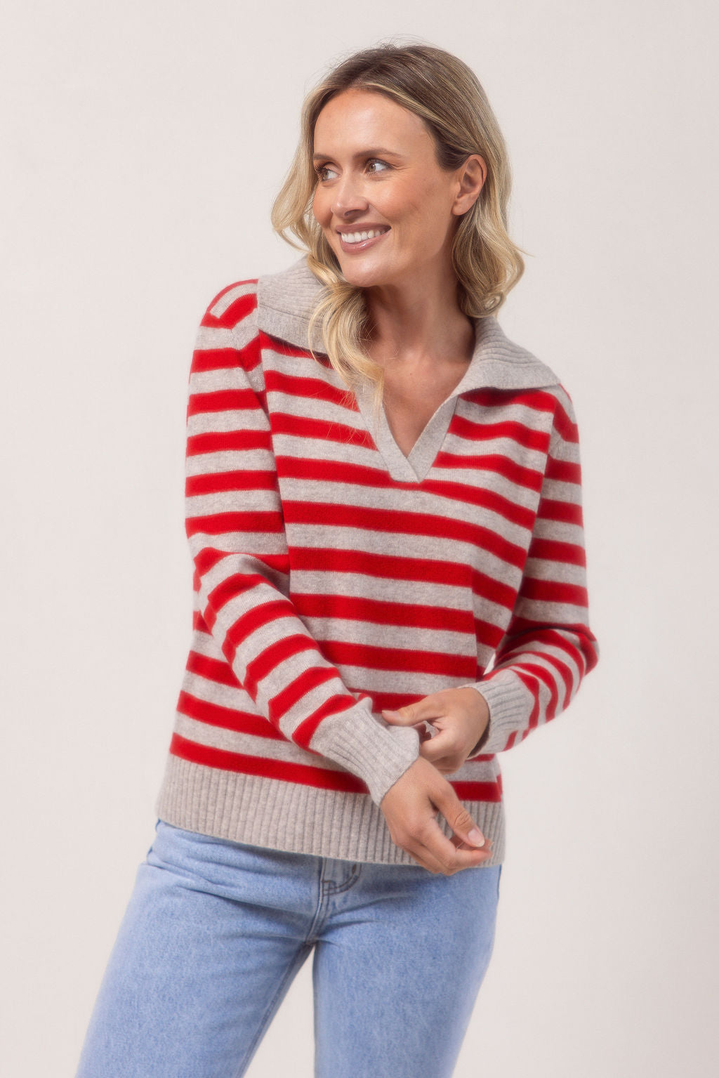 See Saw Rib Collared Stripe Sweater - Wheat/Red