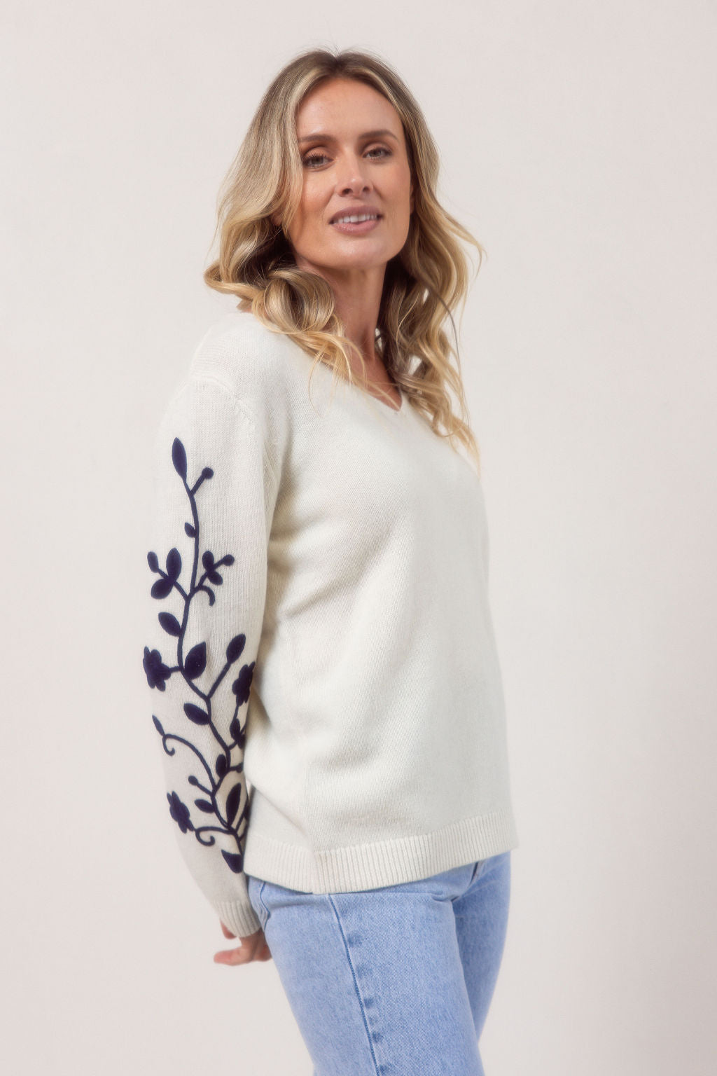 See Saw Embroidered Sleeve Sweater - Cream/Navy