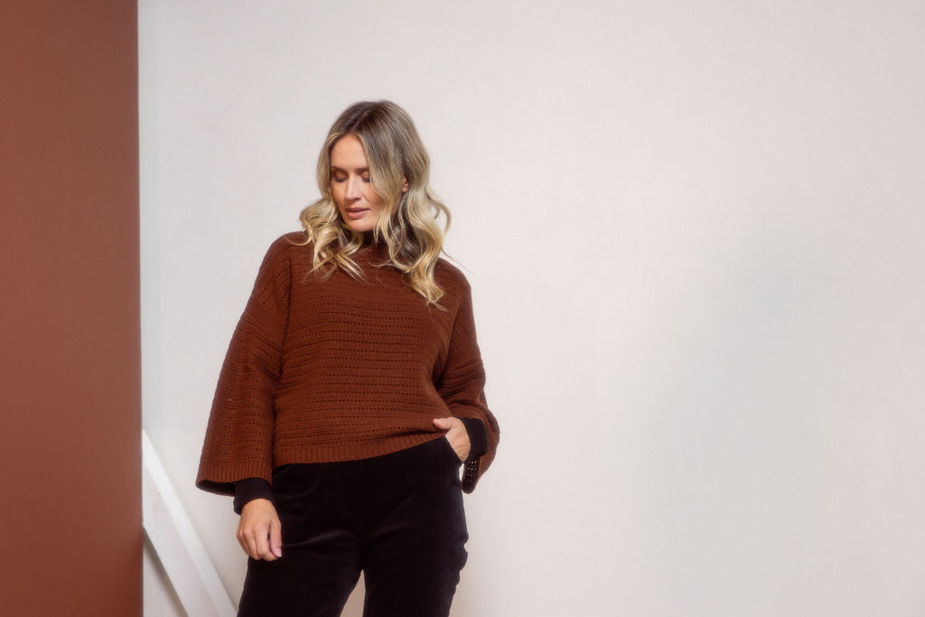 See Saw 7/8 Sleeve Pointelle Knit Top - Copper