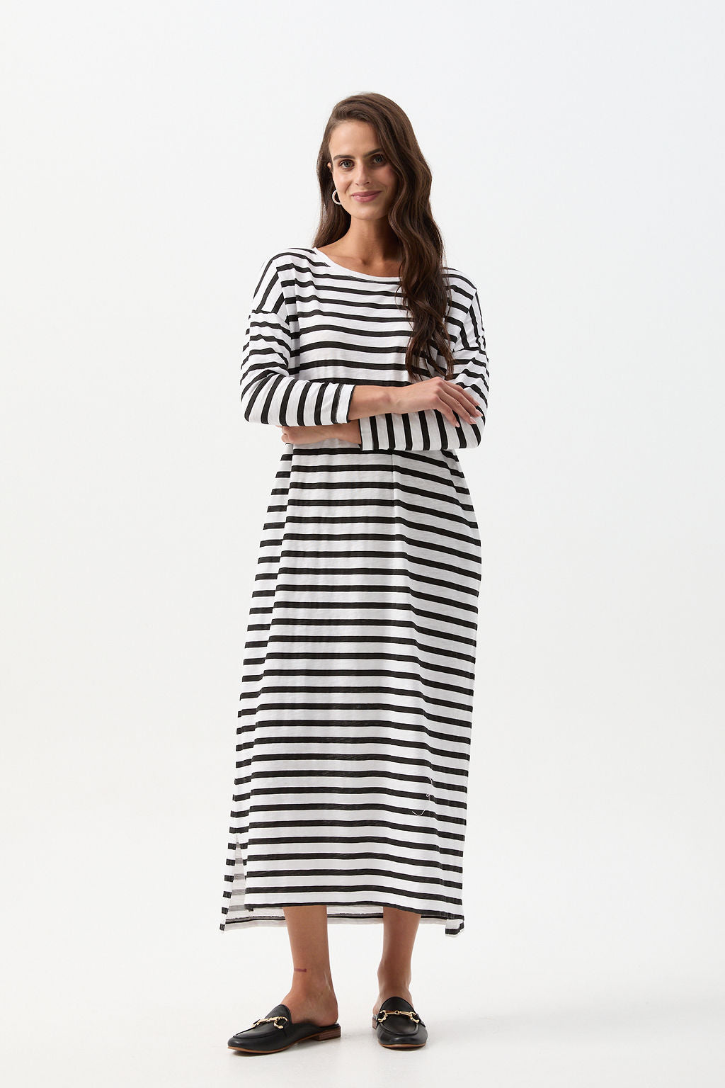 Cloth+Paper+Scissors Stripe Slub Long Sleeve Dress - White/Black