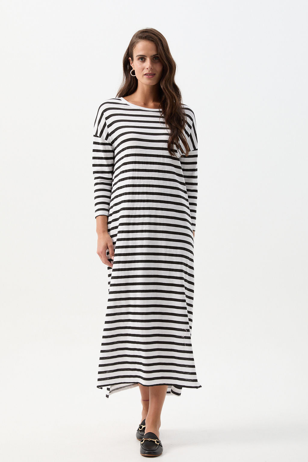 Cloth+Paper+Scissors Stripe Slub Long Sleeve Dress - White/Black