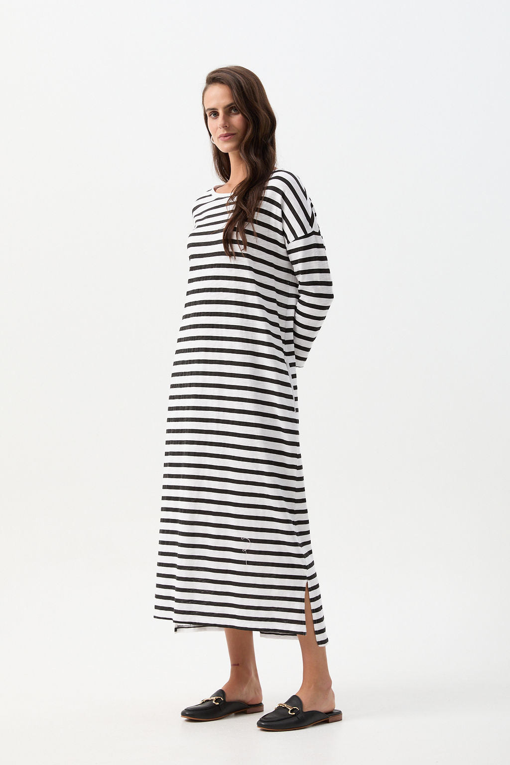 Cloth+Paper+Scissors Stripe Slub Long Sleeve Dress - White/Black