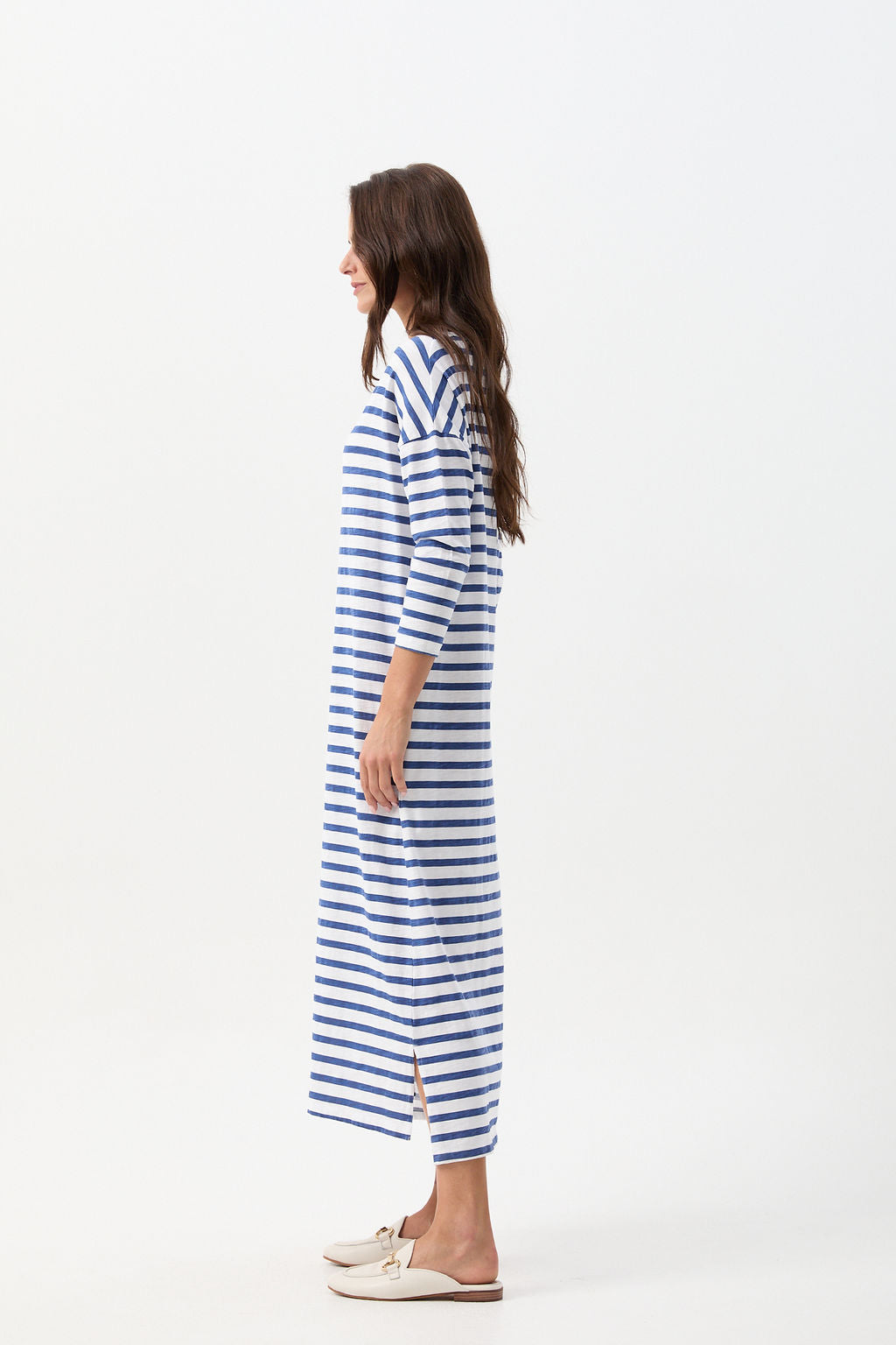 Cloth+Paper+Scissors Stripe Slub Long Sleeve Dress - White/Limoges Blue