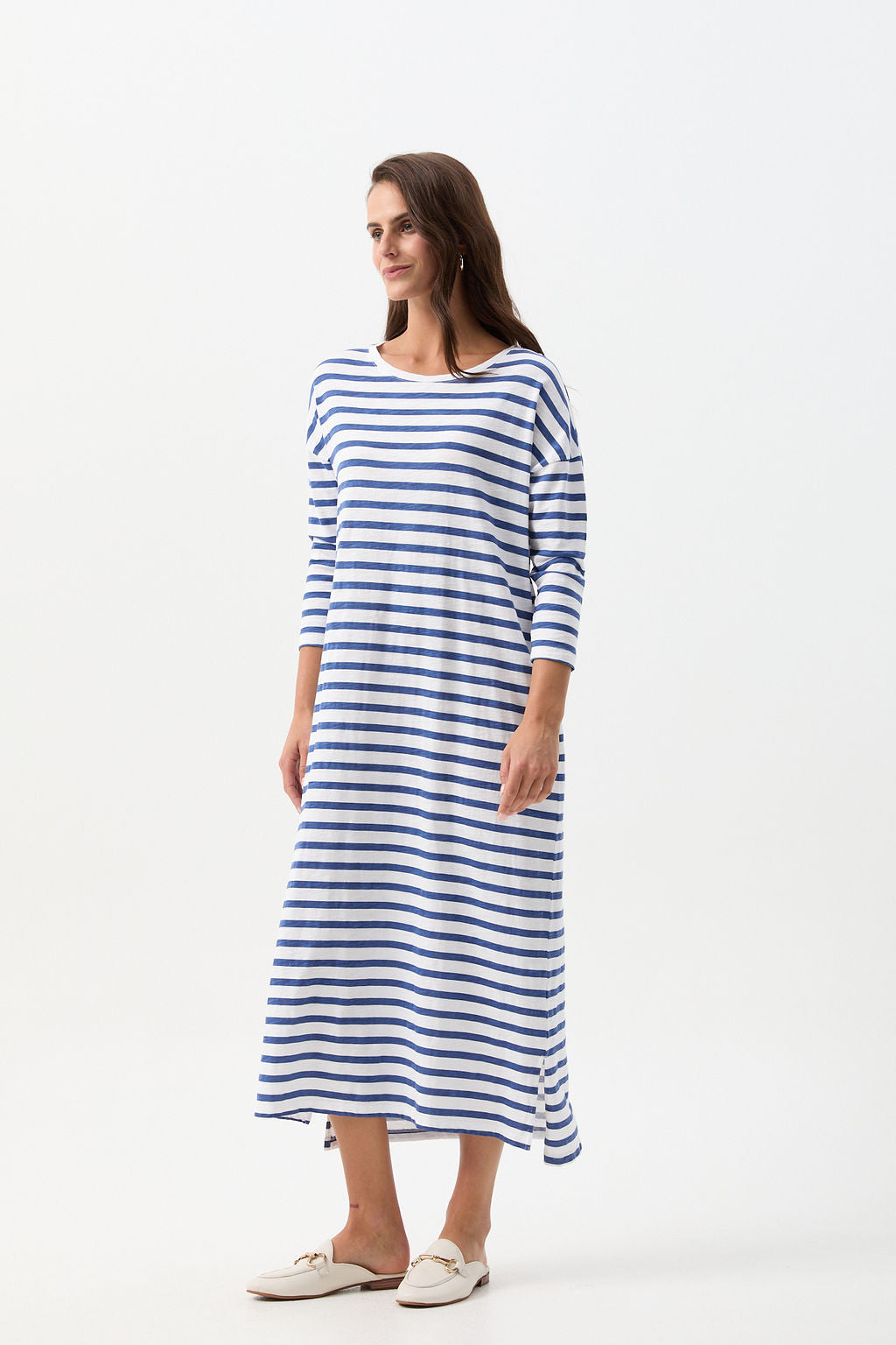 Cloth+Paper+Scissors Stripe Slub Long Sleeve Dress - White/Limoges Blue