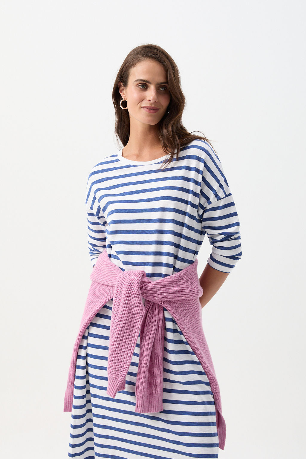 Cloth+Paper+Scissors Stripe Slub Long Sleeve Dress - White/Limoges Blue