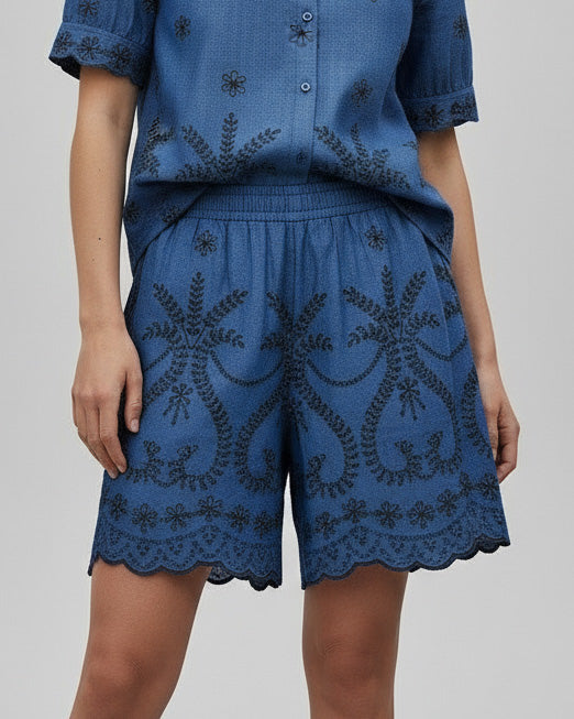 Liberty Rose Embroidered Short - Mid Blue
