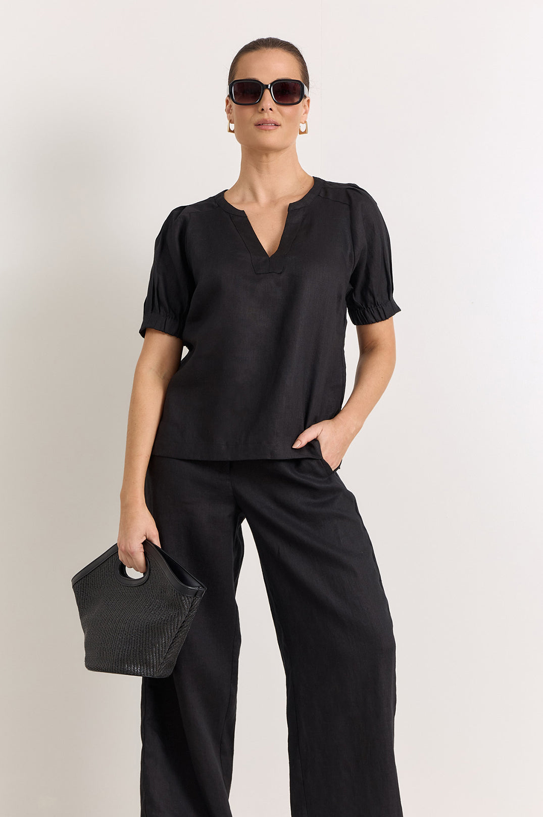 Adorne Harrie Pleated Linen Top - Black