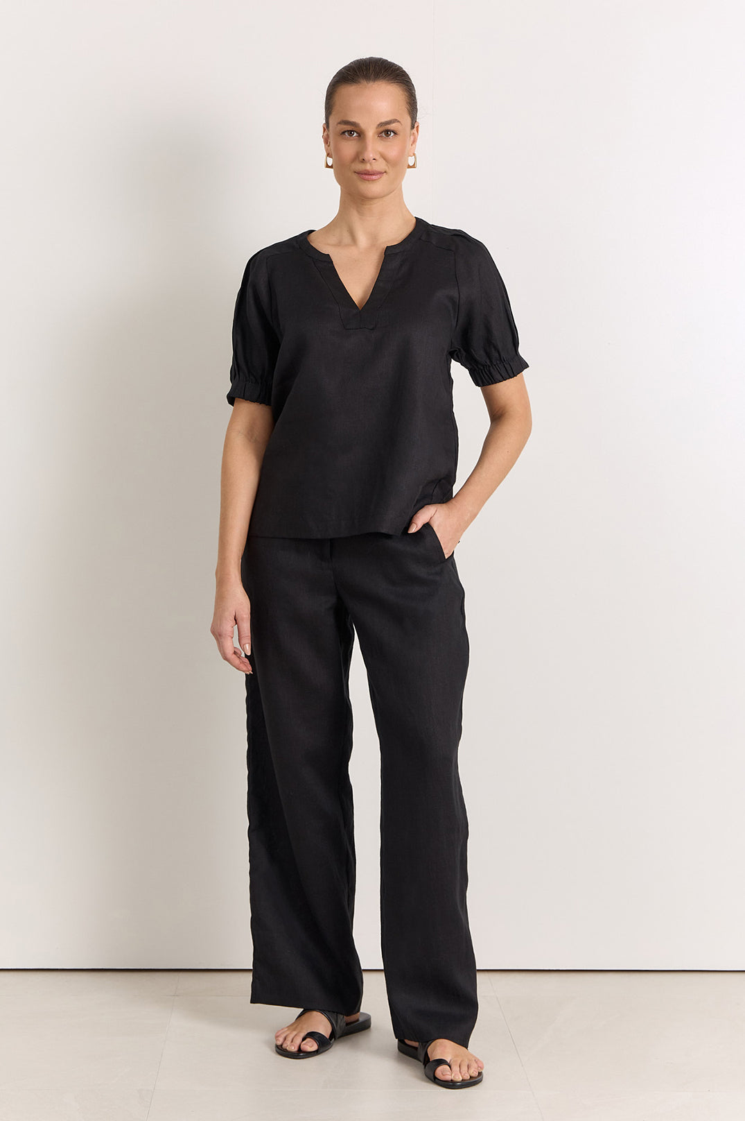 Adorne Harrie Pleated Linen Top - Black