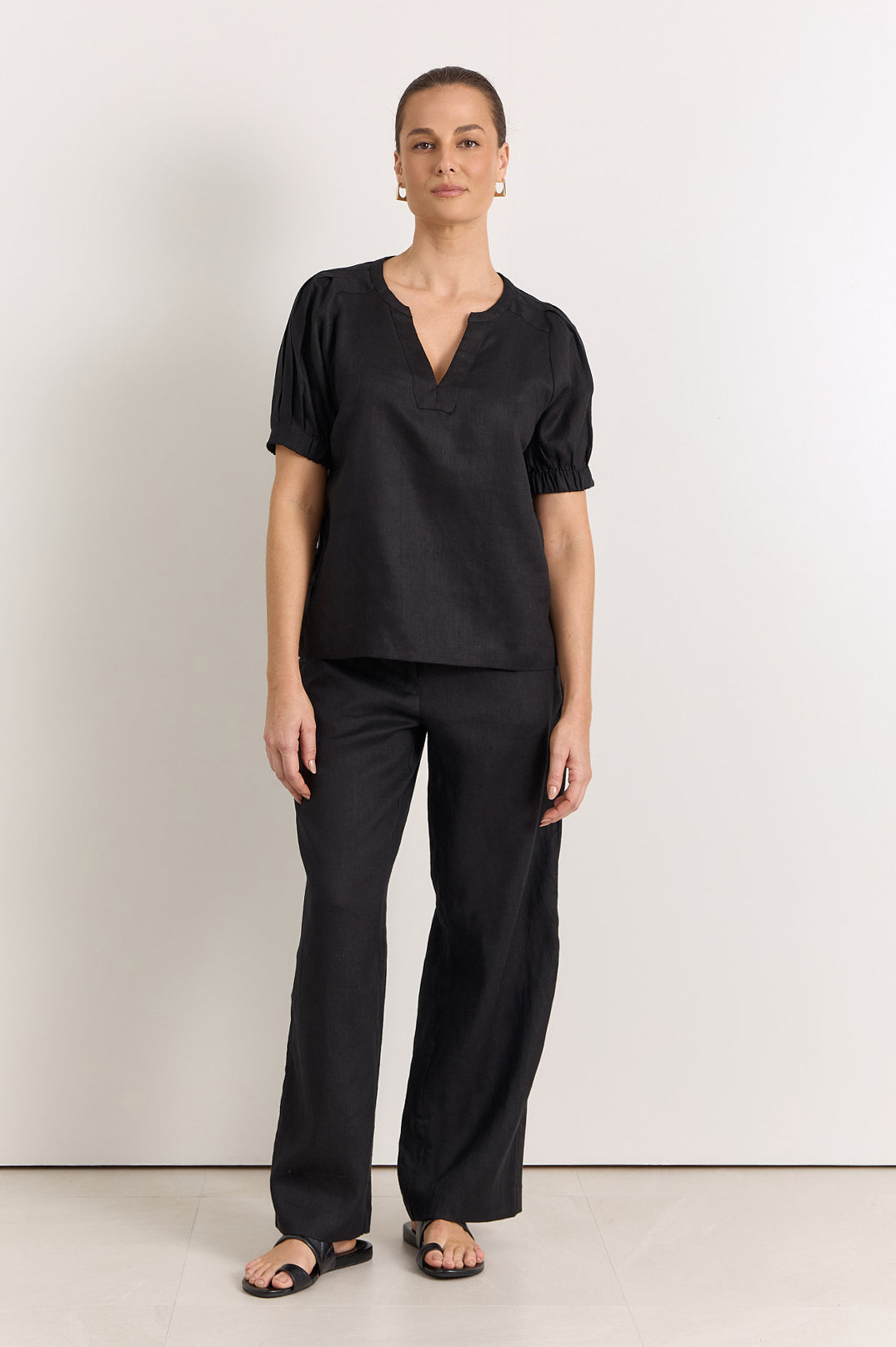 Adorne Harrie Pleated Linen Top - Black