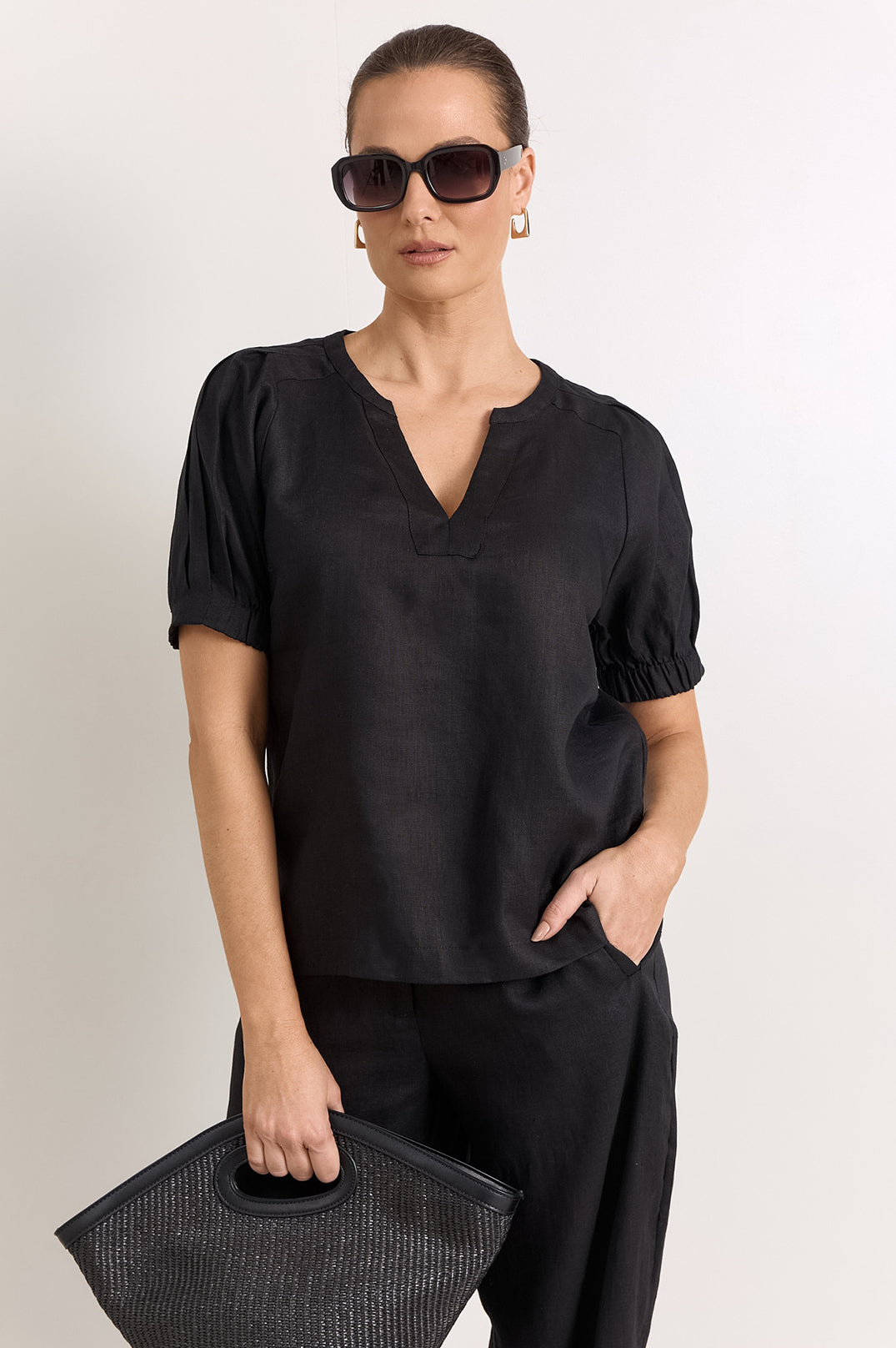 Adorne Harrie Pleated Linen Top - Black
