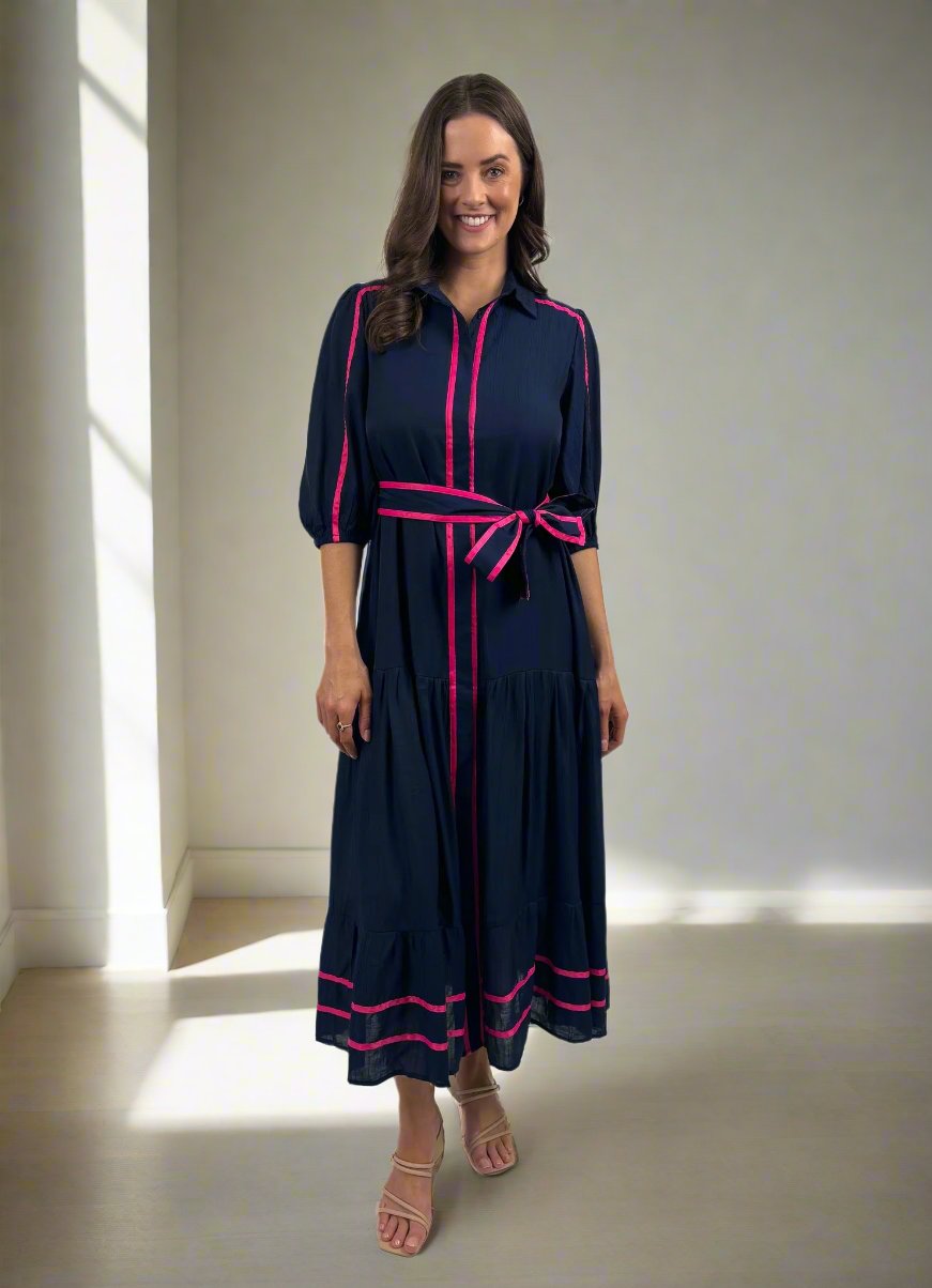 Lorraine Tiered Midi Dress - Navy/Hot Pink