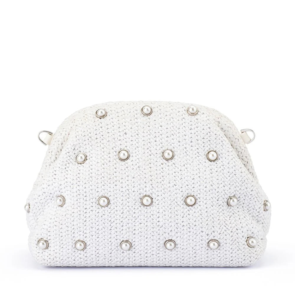 Olga Berg Kaia Studded Woven Clutch - White