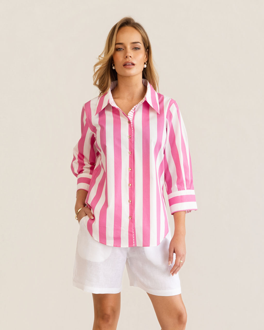 Kaleido 3/4 Sleeve Classic Shirt - Pink Block Stripe