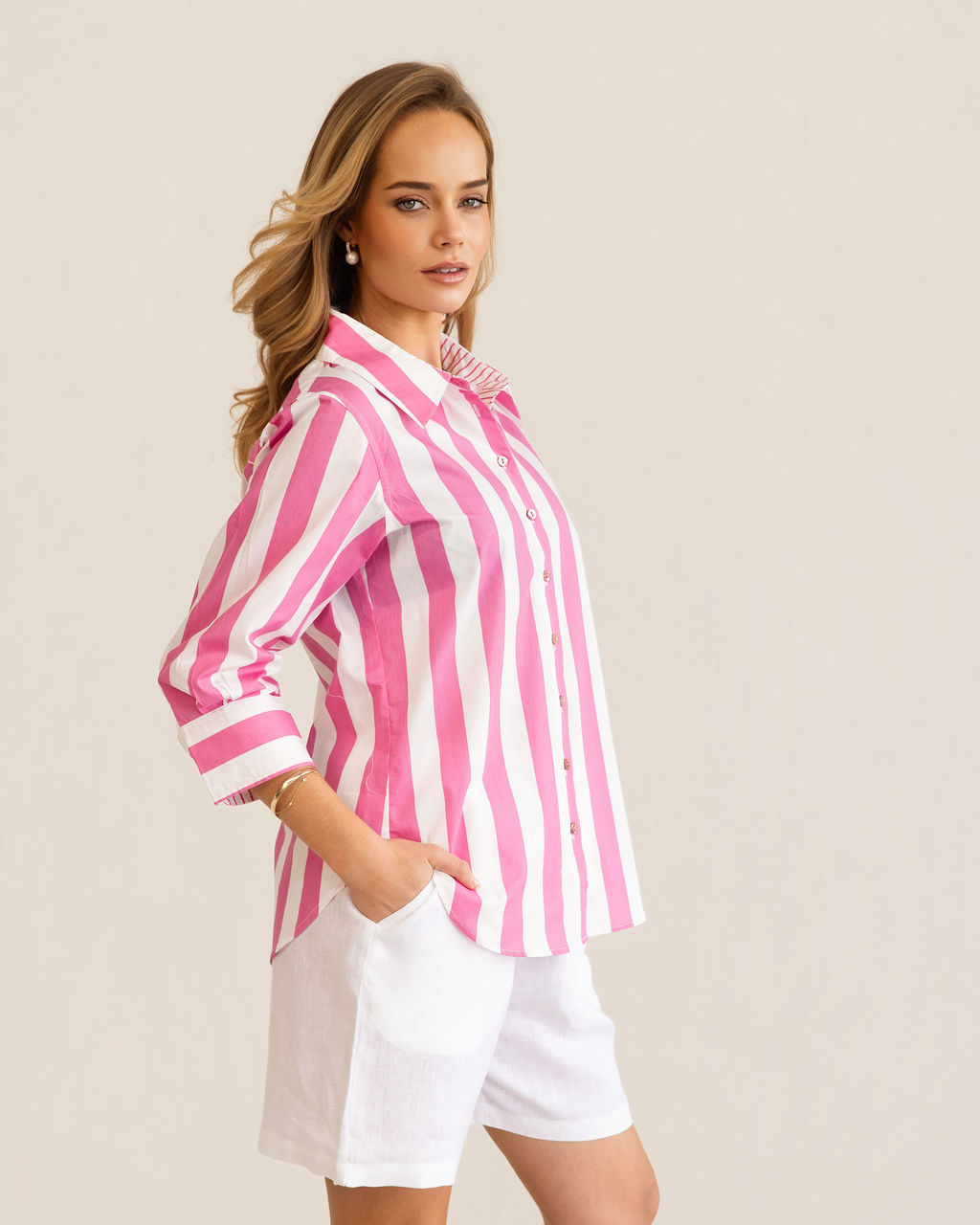 Kaleido 3/4 Sleeve Classic Shirt - Pink Block Stripe