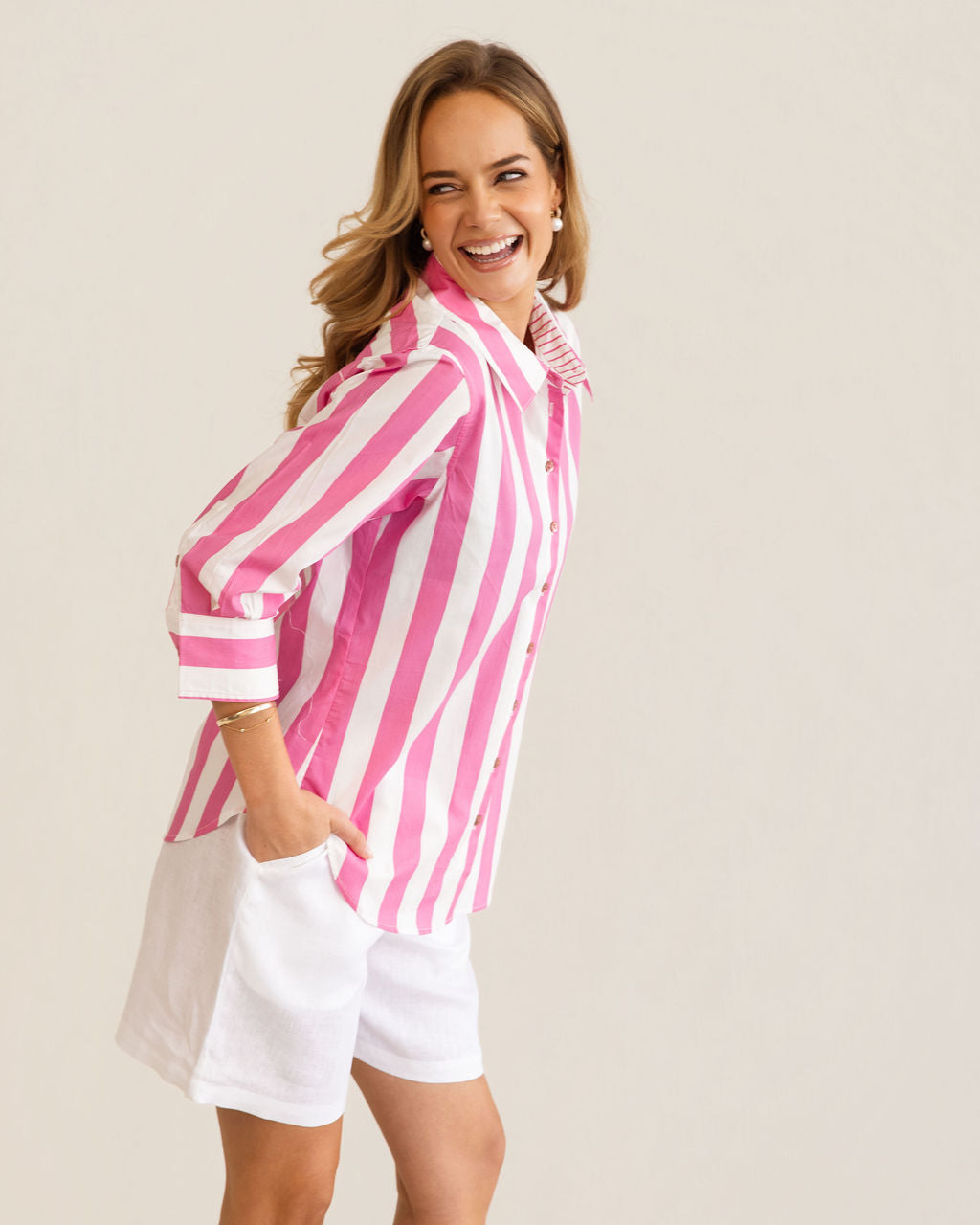 Kaleido 3/4 Sleeve Classic Shirt - Pink Block Stripe