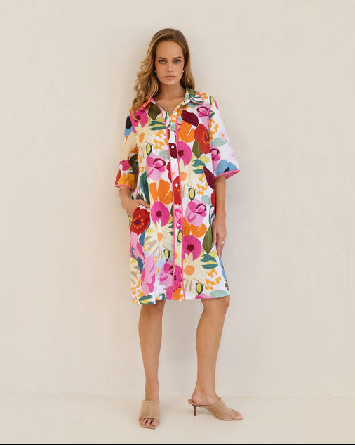 Kaleido Shirtmaker Dress With Trim - Bloom Burst