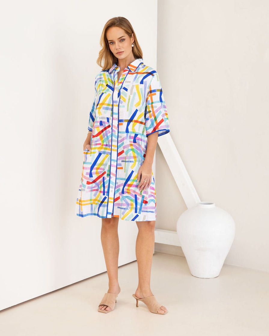 Kaleido Shirtmaker Dress With Trim - Confetti Stripe