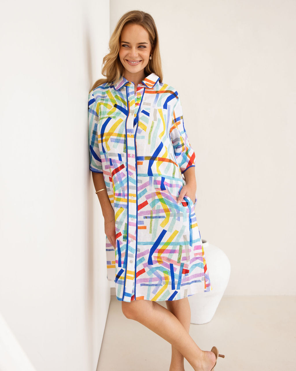 Kaleido Shirtmaker Dress With Trim - Confetti Stripe
