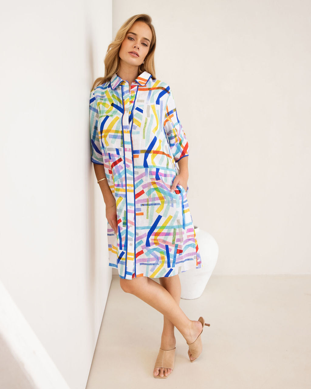 Kaleido Shirtmaker Dress With Trim - Confetti Stripe