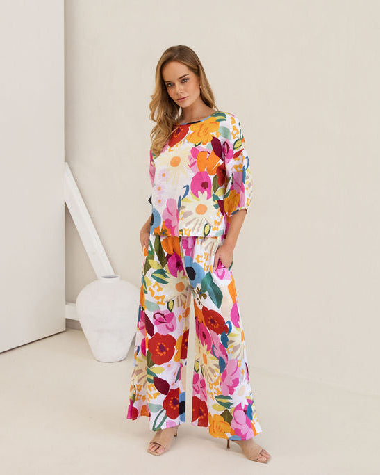 Kaleido Elastic Waist Split Leg Pant - Bloom Burst
