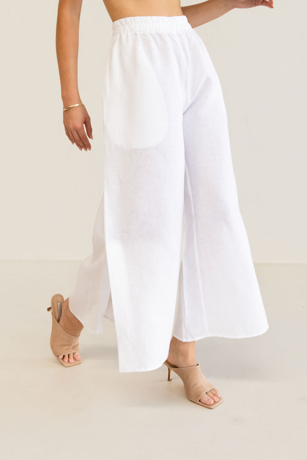 Kaleido Elastic Waist Split Leg Pant - White