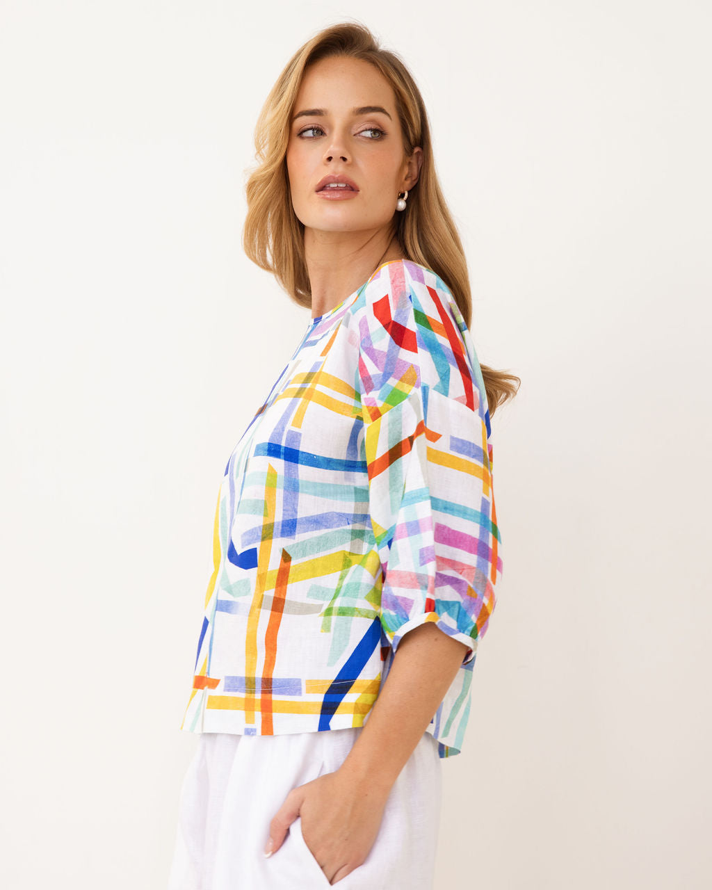 Kaleido Balloon Sleeve Top - Confetti Stripe