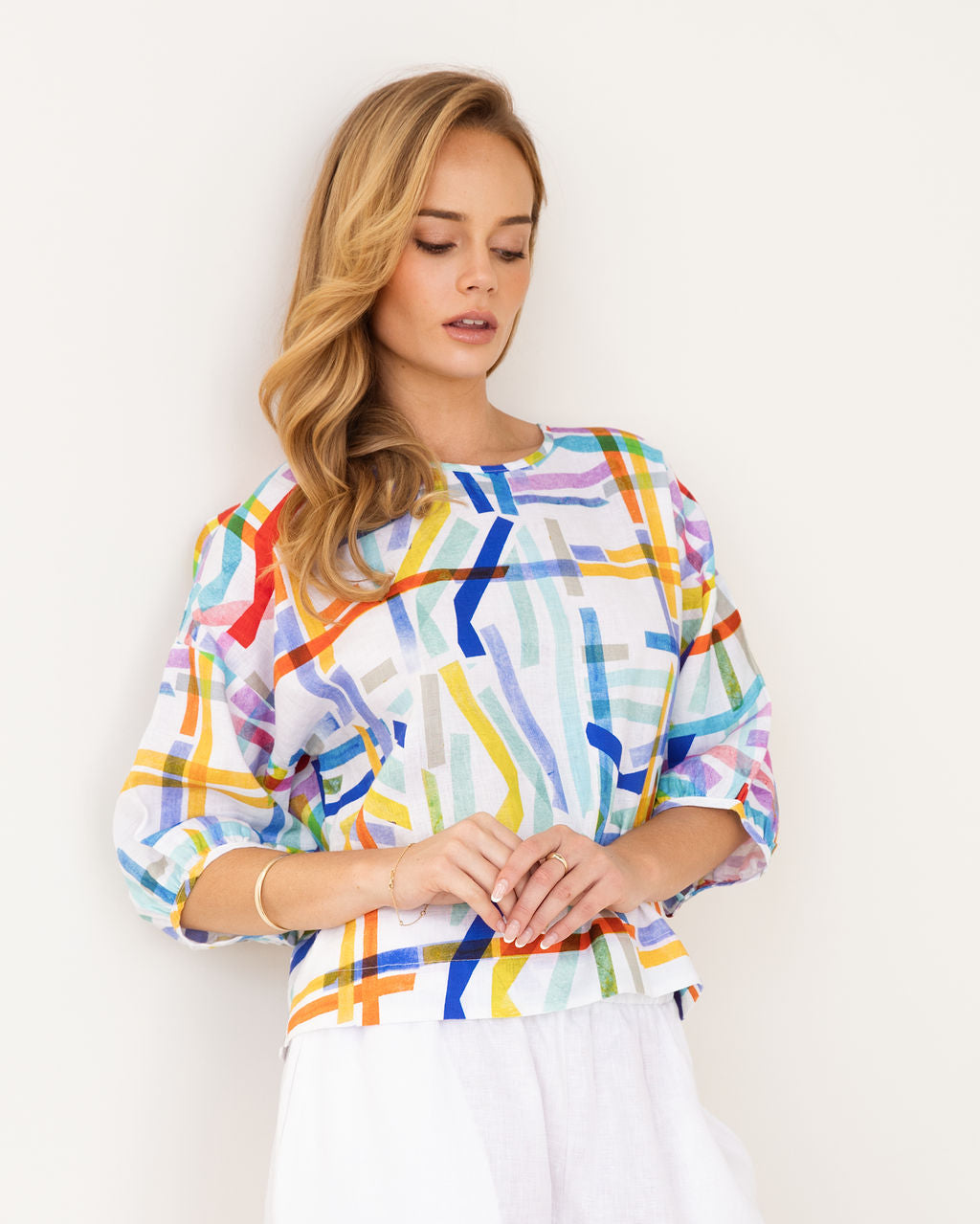 Kaleido Balloon Sleeve Top - Confetti Stripe