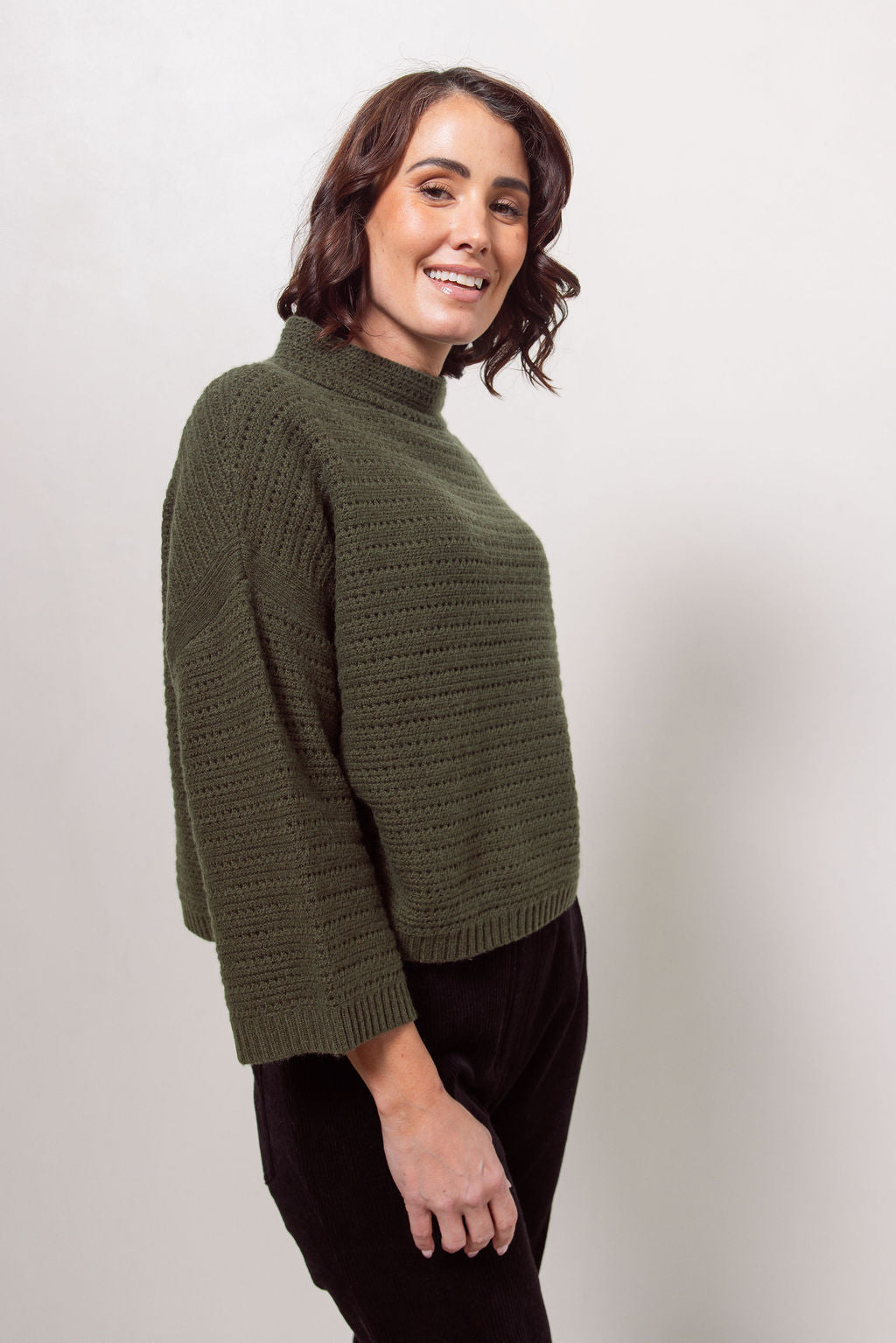 See Saw 7/8 Sleeve Pointelle Knit Top - Khaki