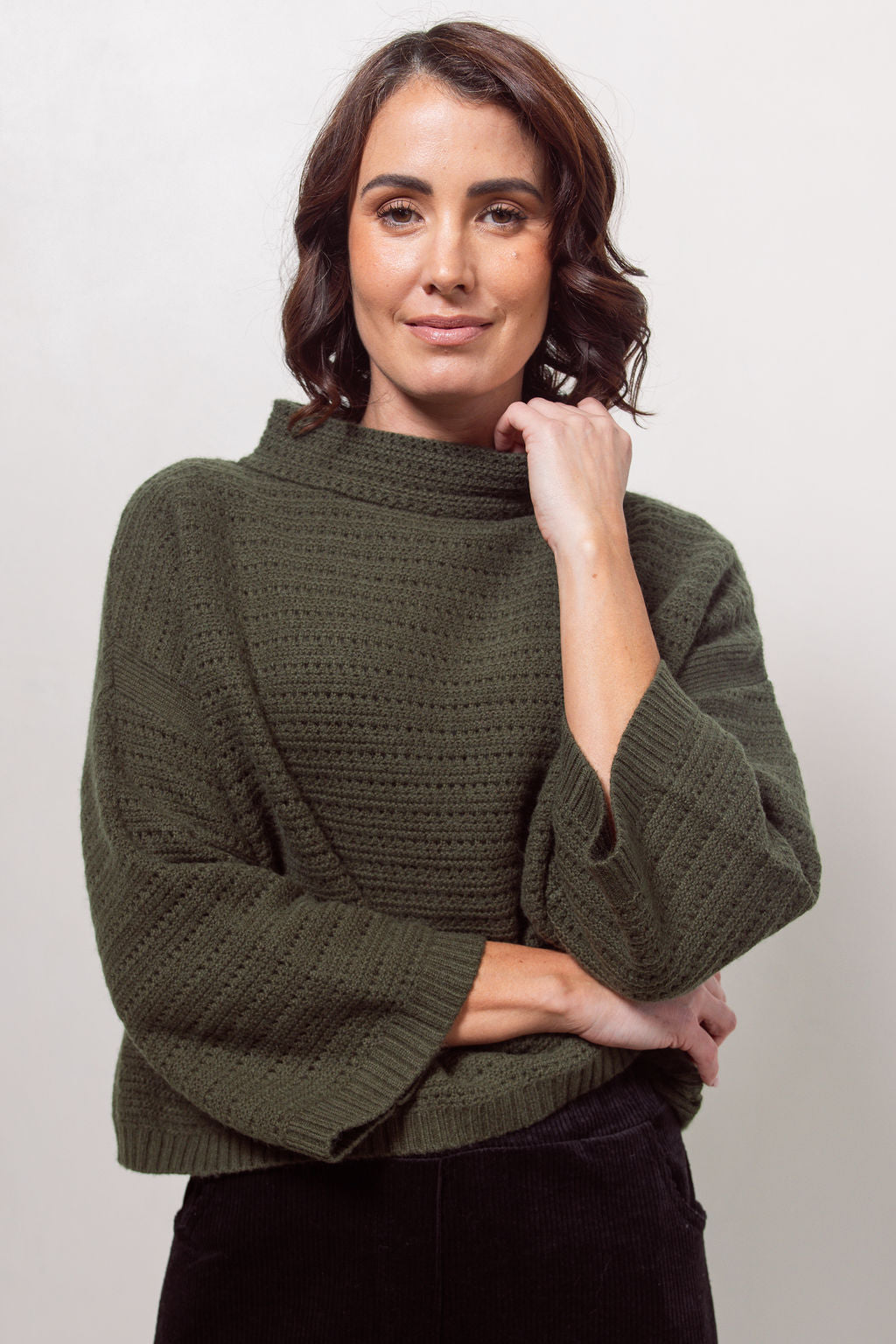 See Saw 7/8 Sleeve Pointelle Knit Top - Khaki